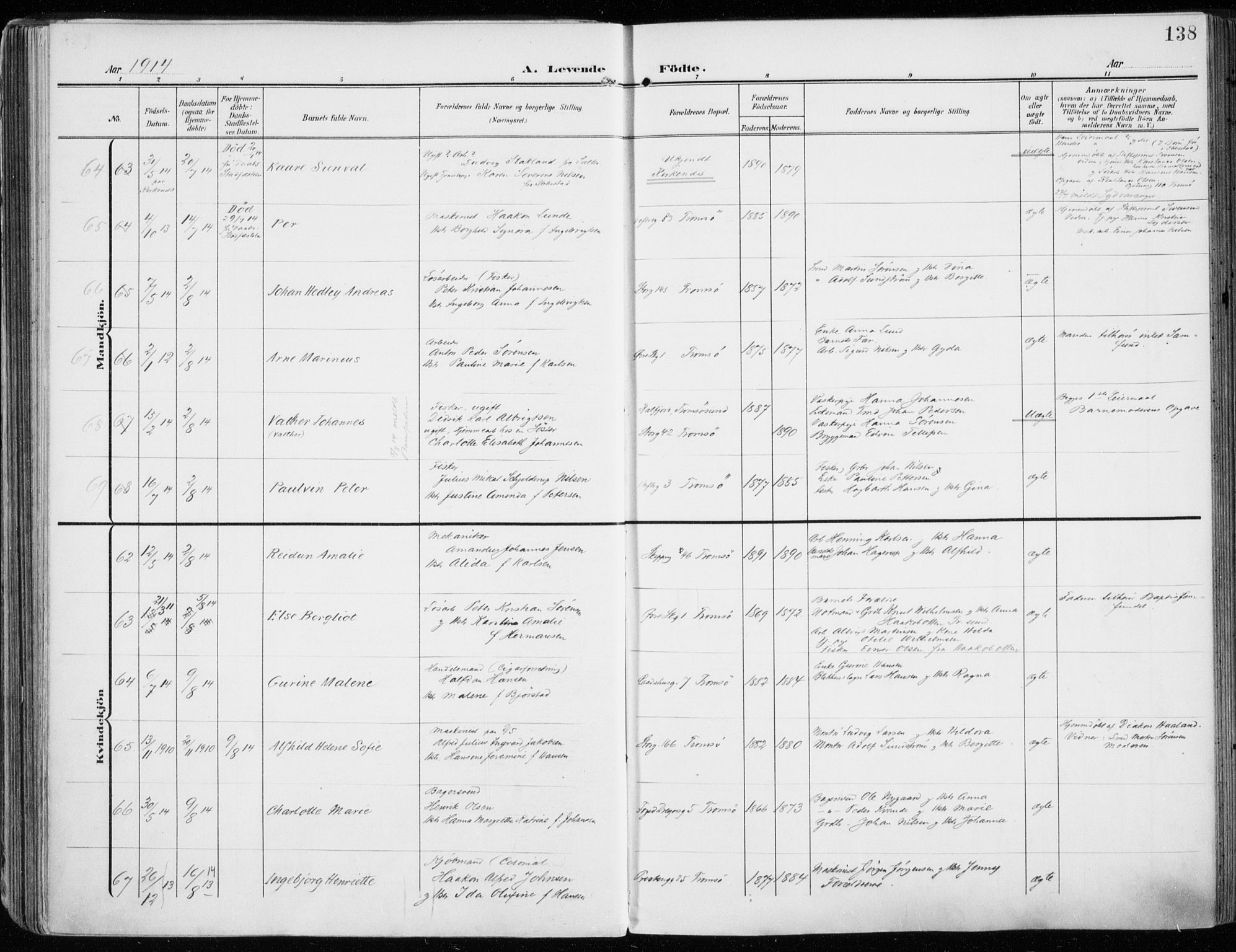 Tromsø sokneprestkontor/stiftsprosti/domprosti, SATØ/S-1343/G/Ga/L0017kirke: Parish register (official) no. 17, 1907-1917, p. 138