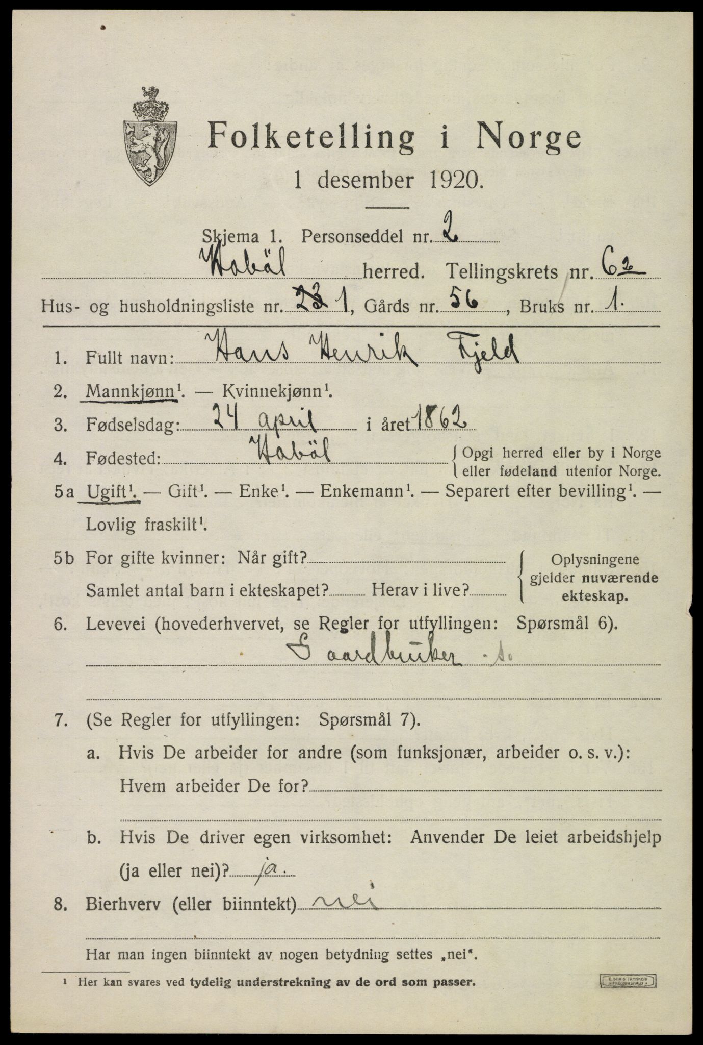 SAO, 1920 census for Hobøl, 1920, p. 2444