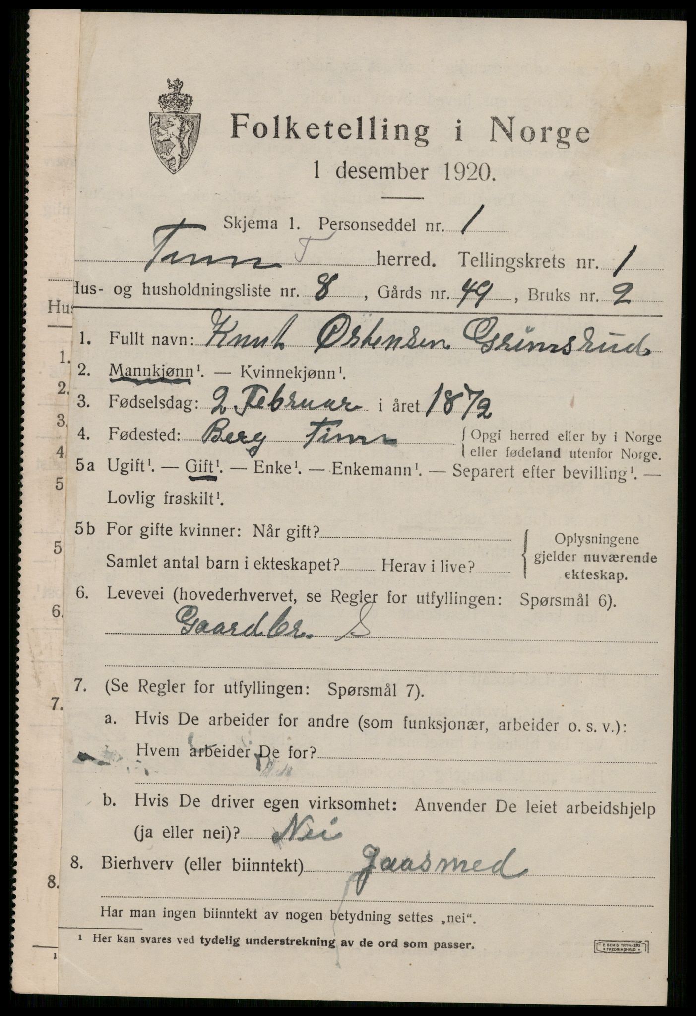 SAKO, 1920 census for Tinn, 1920, p. 2774