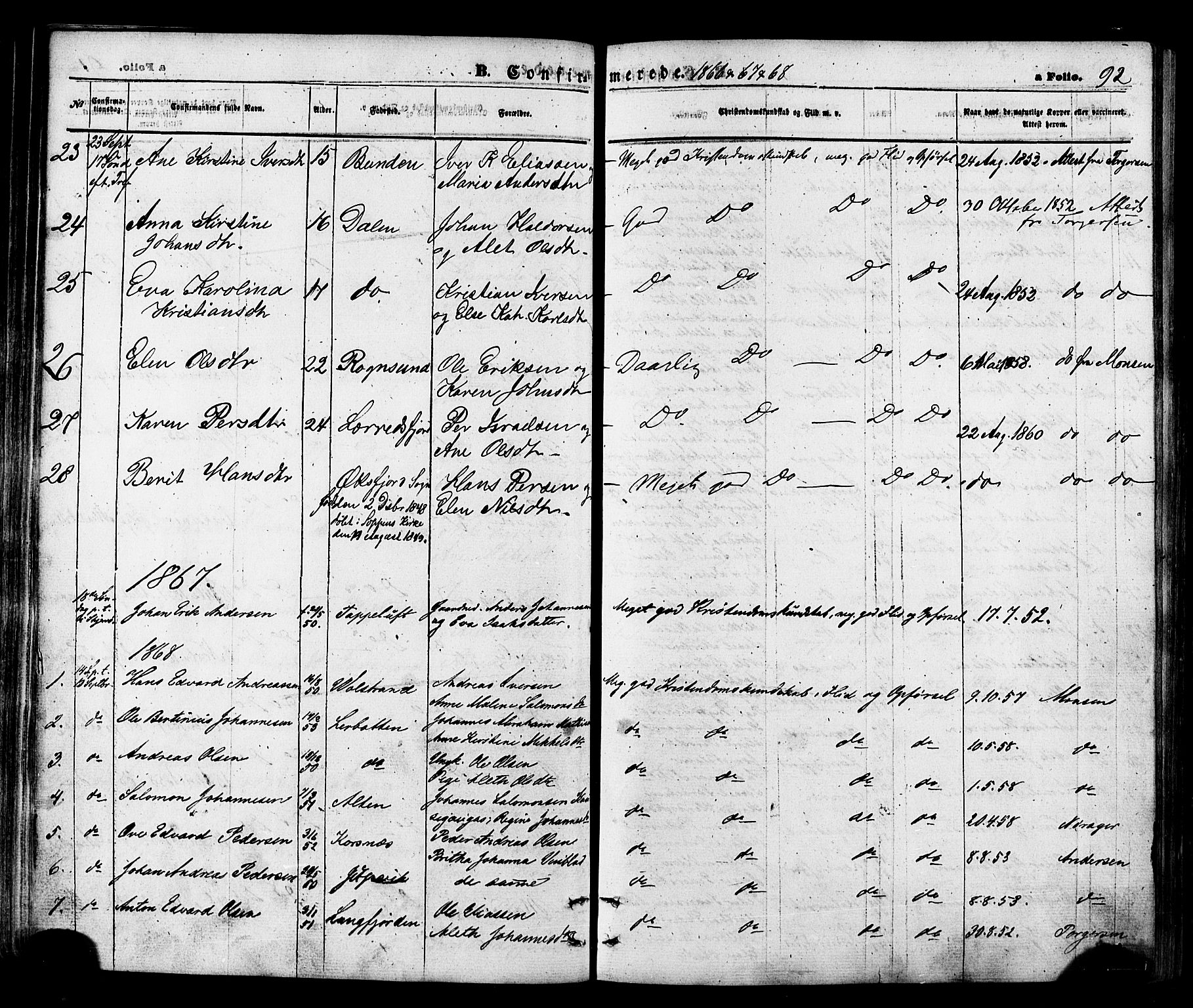 Talvik sokneprestkontor, SATØ/S-1337/H/Ha/L0011kirke: Parish register (official) no. 11, 1864-1877, p. 92