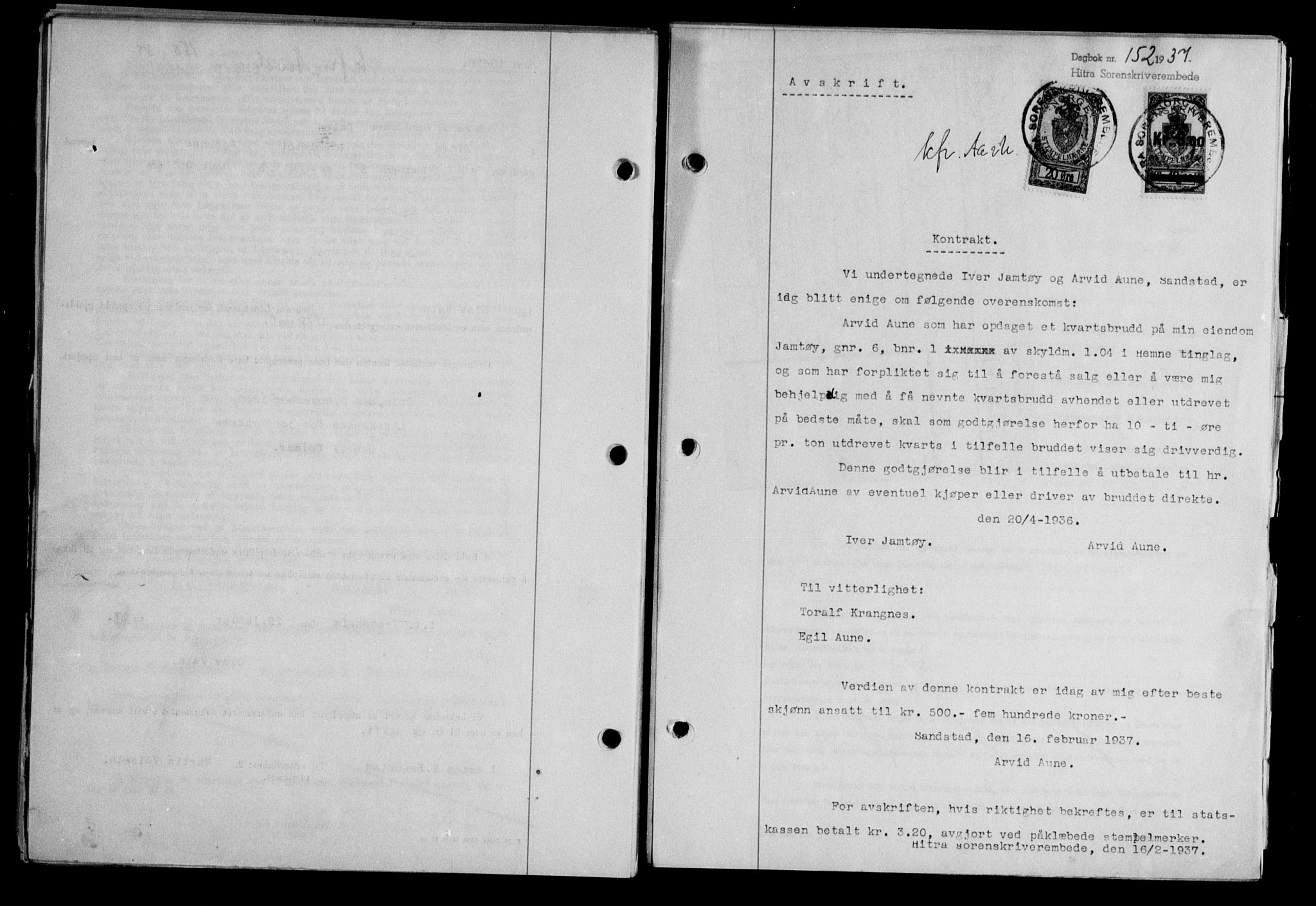 Hitra sorenskriveri, AV/SAT-A-0018/2/2C/2Ca/L0028: Mortgage book no. B-1, 1936-1939, Diary no: : 152/1937