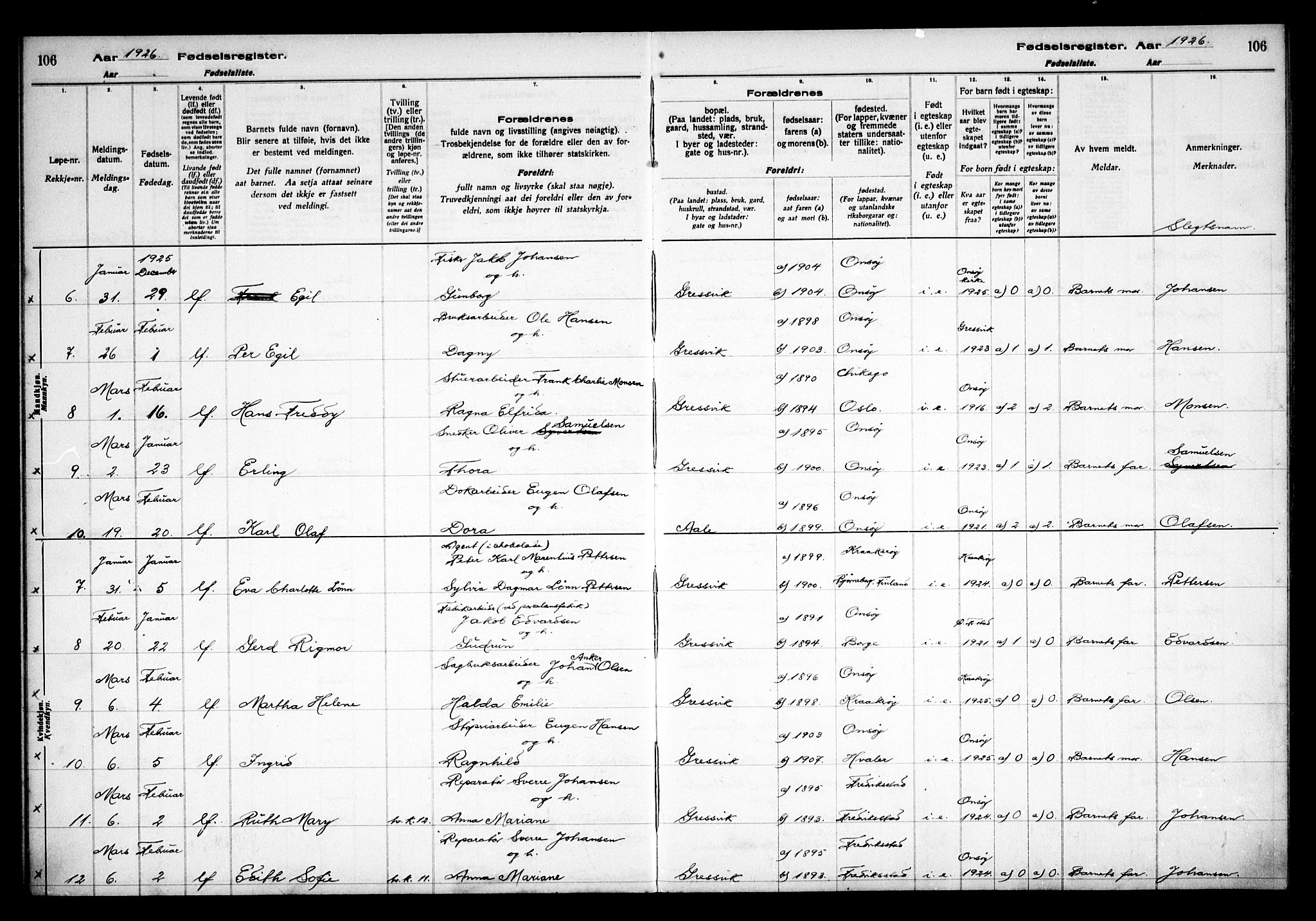 Onsøy prestekontor Kirkebøker, AV/SAO-A-10914/J/Jb/L0001: Birth register no. II 1, 1916-1938, p. 106