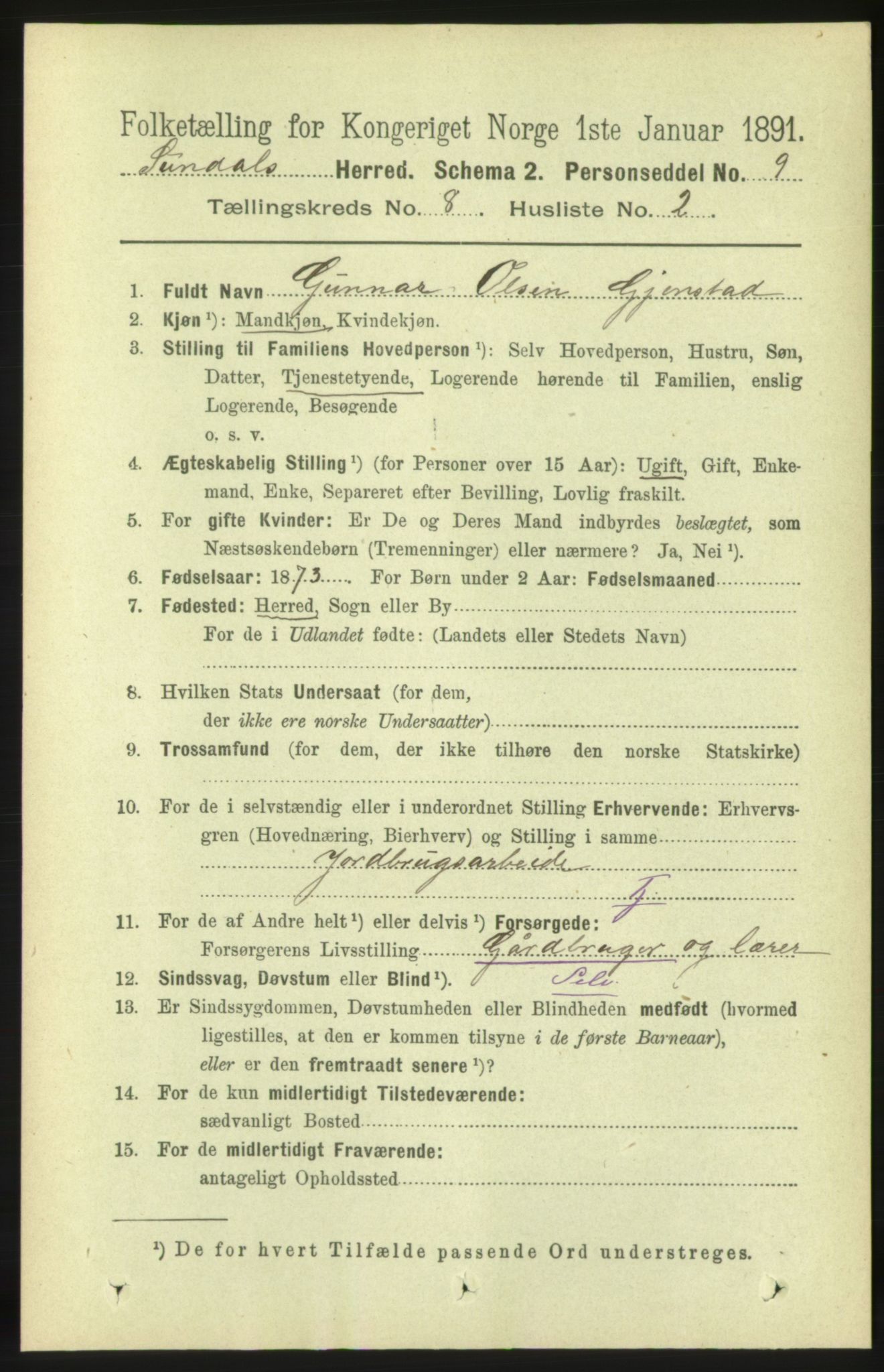 RA, 1891 census for 1563 Sunndal, 1891, p. 2161