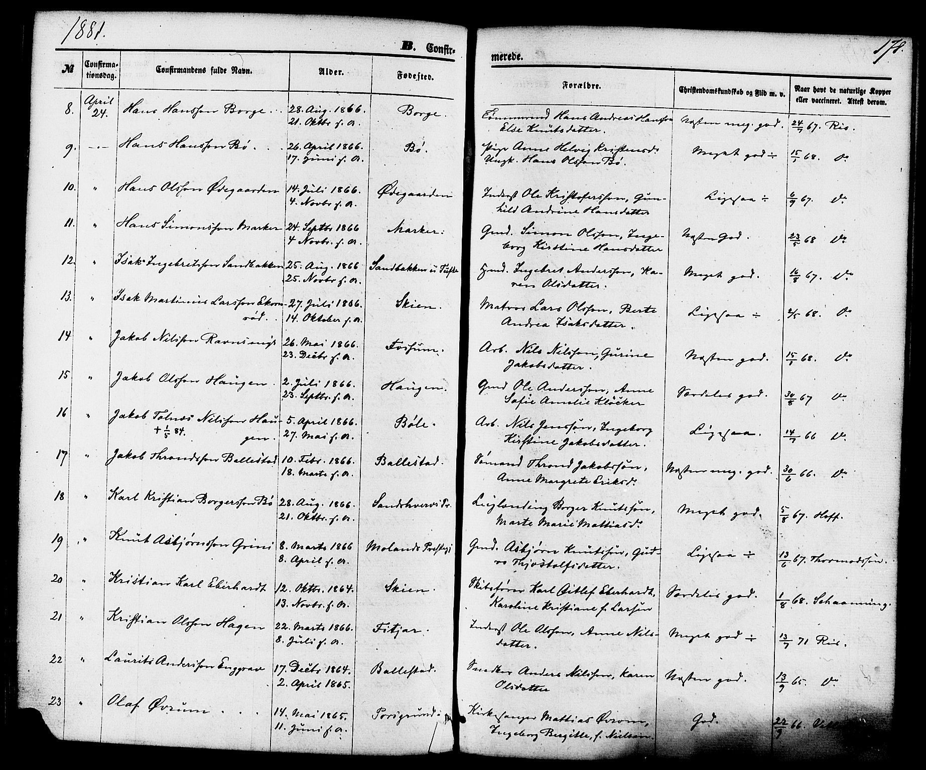 Gjerpen kirkebøker, SAKO/A-265/F/Fa/L0009: Parish register (official) no. I 9, 1872-1885, p. 178