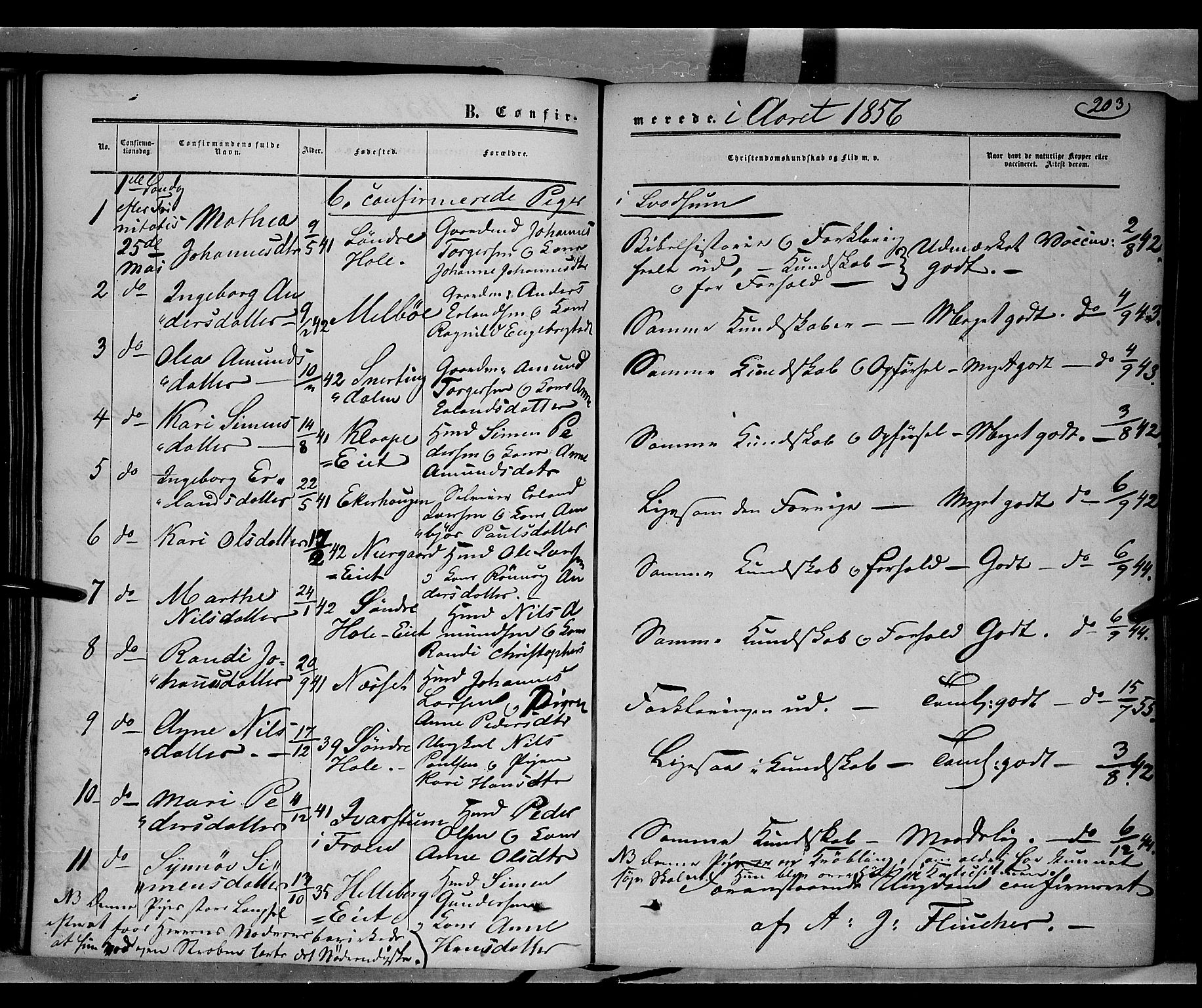 Gausdal prestekontor, SAH/PREST-090/H/Ha/Haa/L0008: Parish register (official) no. 8, 1850-1861, p. 203
