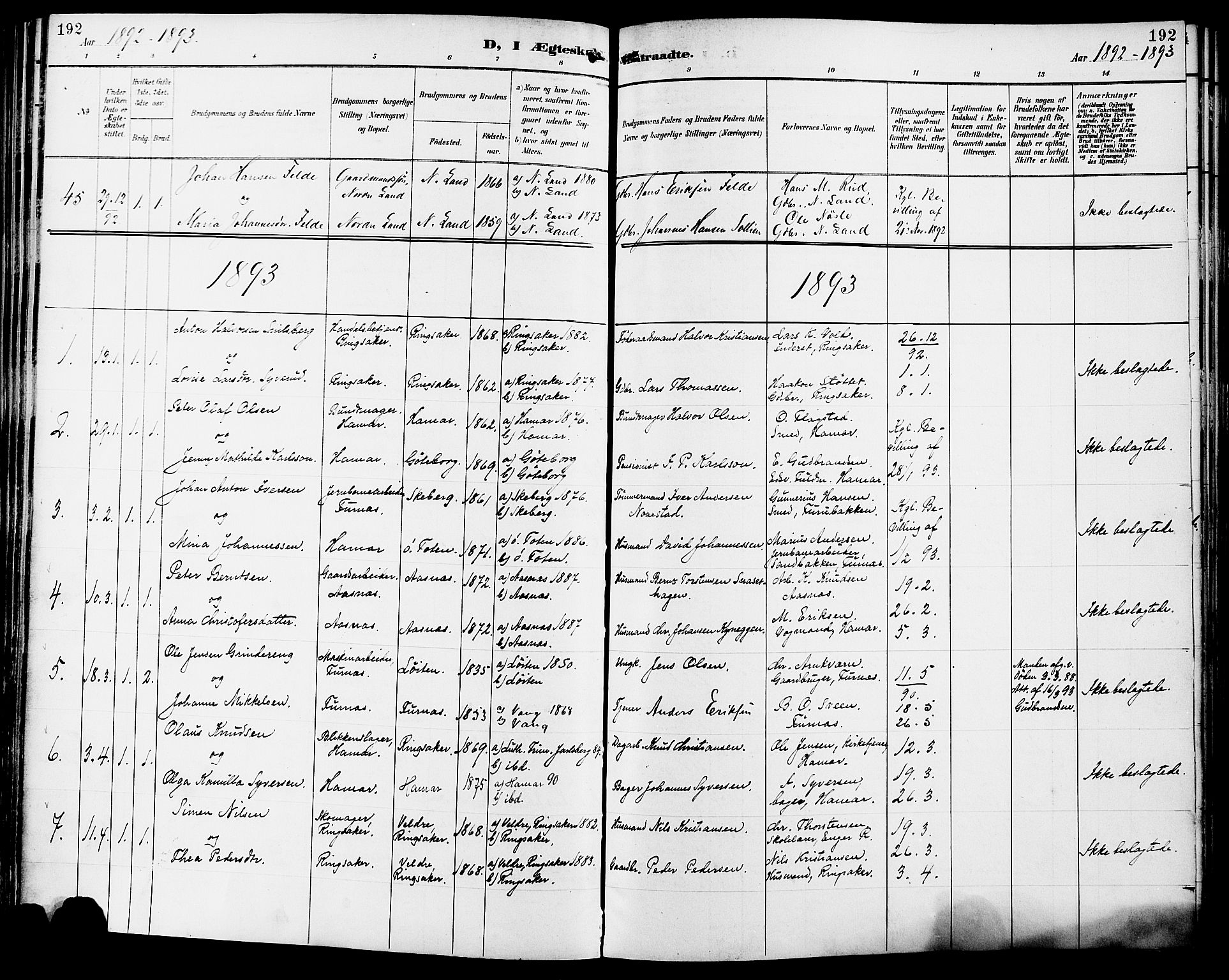 Vang prestekontor, Hedmark, SAH/PREST-008/H/Ha/Haa/L0017: Parish register (official) no. 17, 1890-1899, p. 192