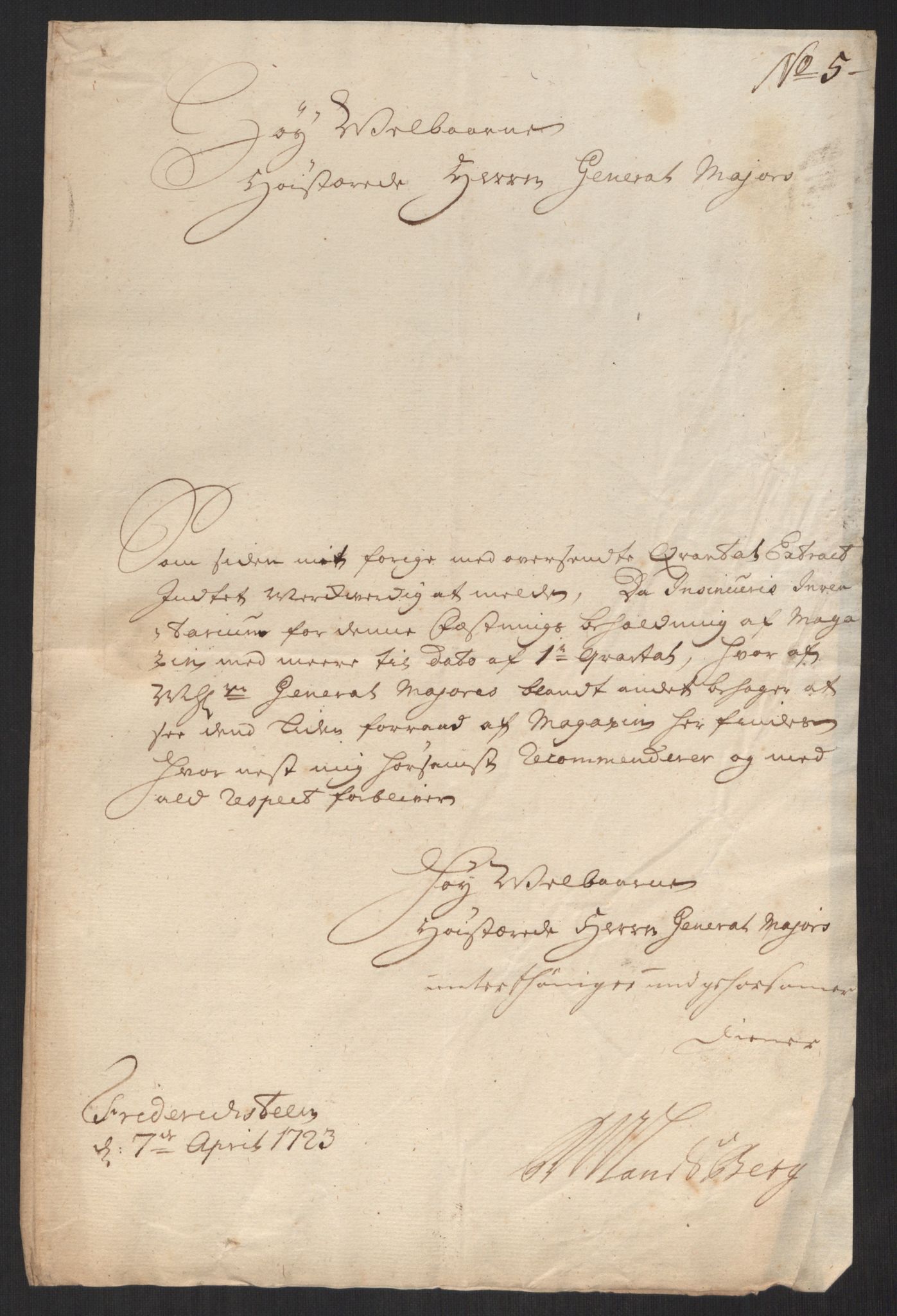 Kommanderende general (KG I) med Det norske krigsdirektorium, AV/RA-EA-5419/D/L0152: Fredriksten festning: Brev, inventarfortegnelser og regnskapsekstrakter, 1720-1723, p. 463