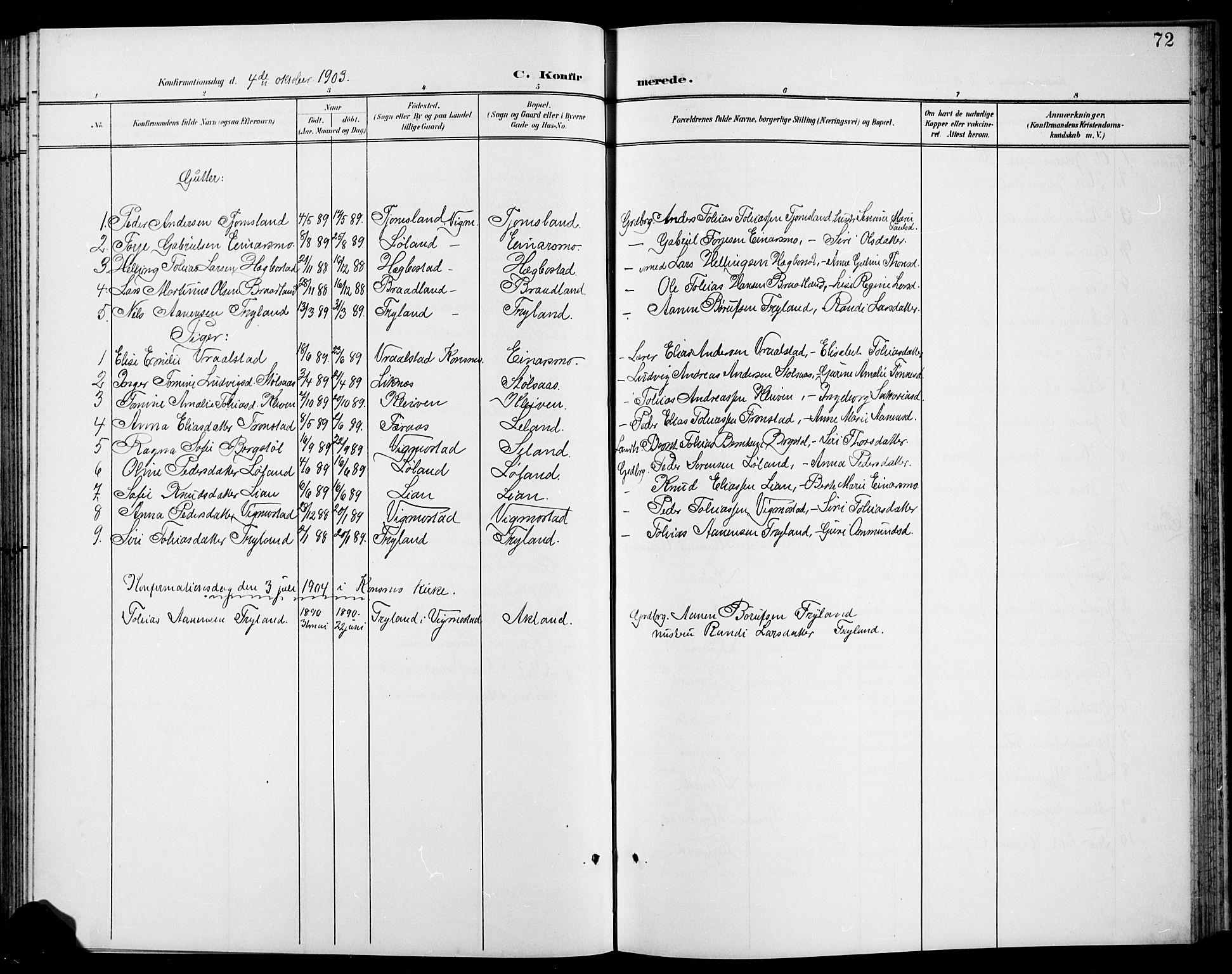 Nord-Audnedal sokneprestkontor, AV/SAK-1111-0032/F/Fb/Fbb/L0004: Parish register (copy) no. B 4, 1901-1917, p. 72