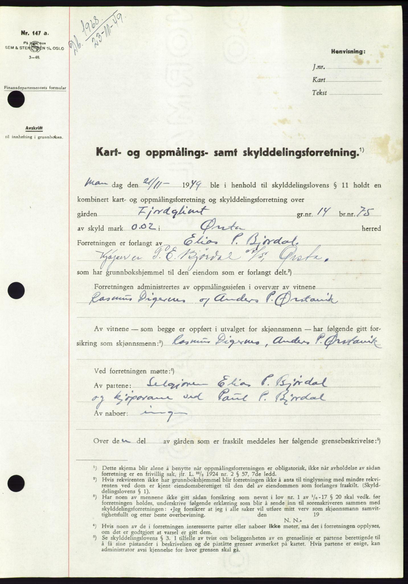 Søre Sunnmøre sorenskriveri, AV/SAT-A-4122/1/2/2C/L0085: Mortgage book no. 11A, 1949-1949, Diary no: : 1968/1949