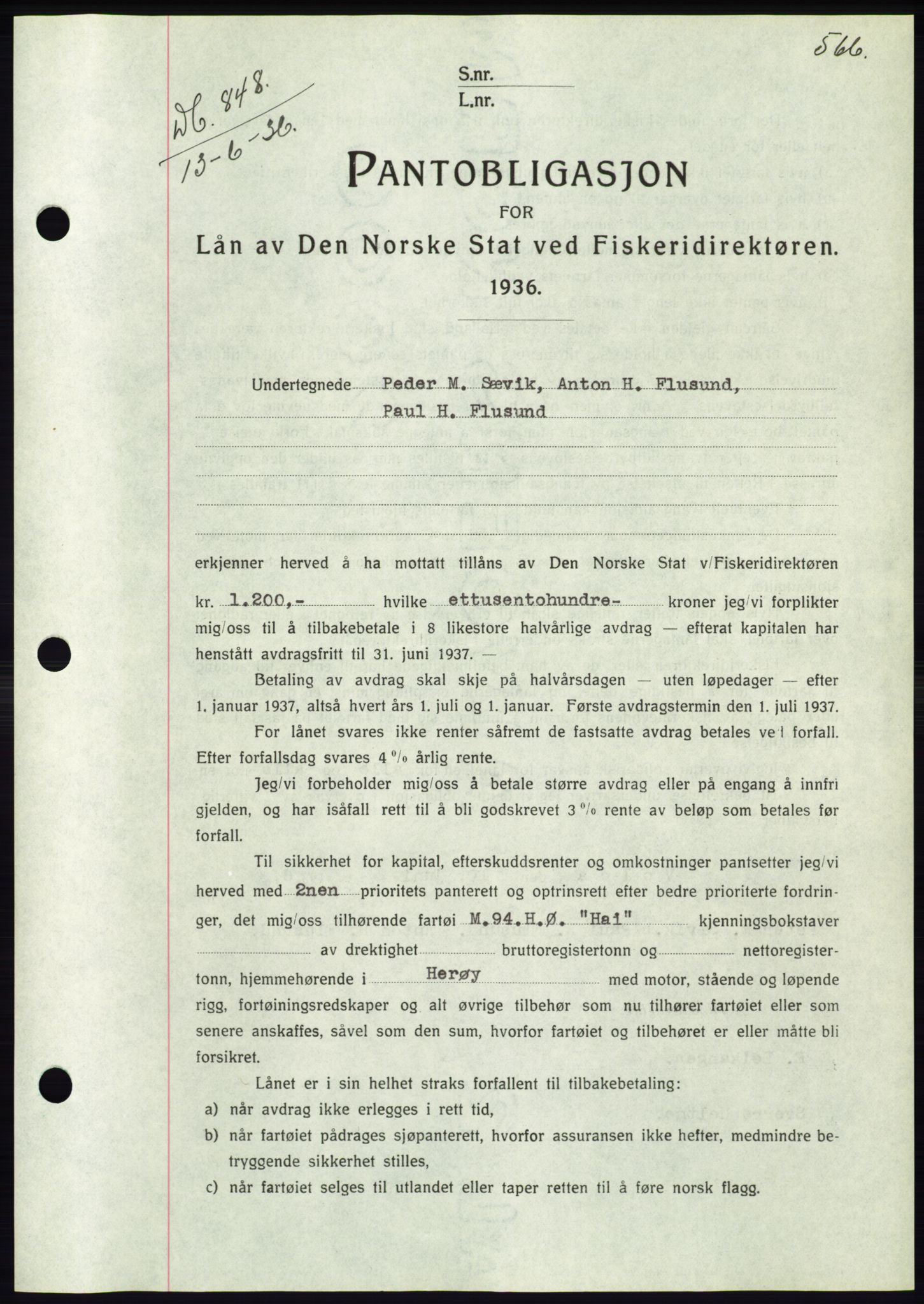 Søre Sunnmøre sorenskriveri, AV/SAT-A-4122/1/2/2C/L0060: Mortgage book no. 54, 1935-1936, Deed date: 13.06.1936