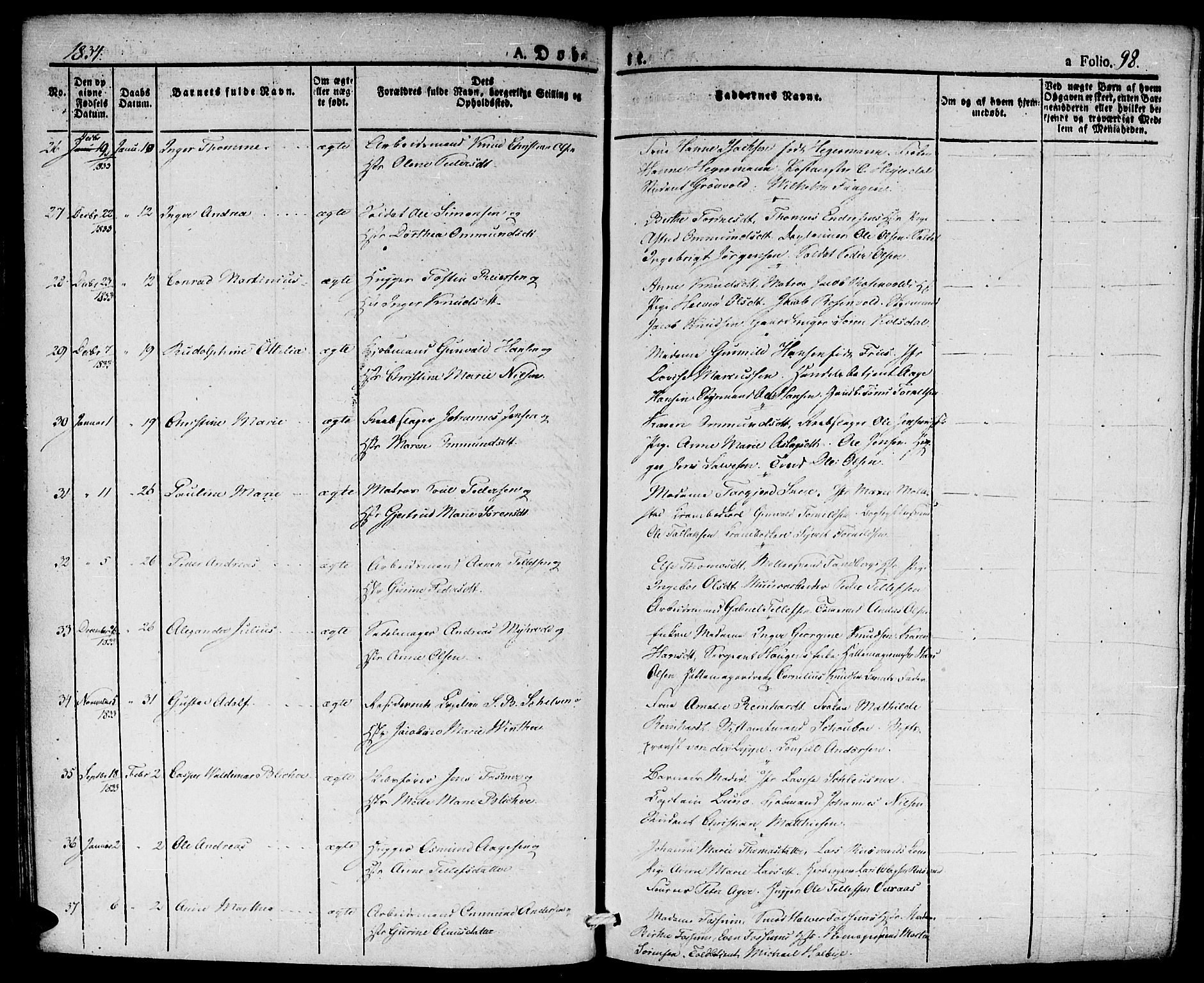 Kristiansand domprosti, AV/SAK-1112-0006/F/Fa/L0011: Parish register (official) no. A 11, 1827-1841, p. 98