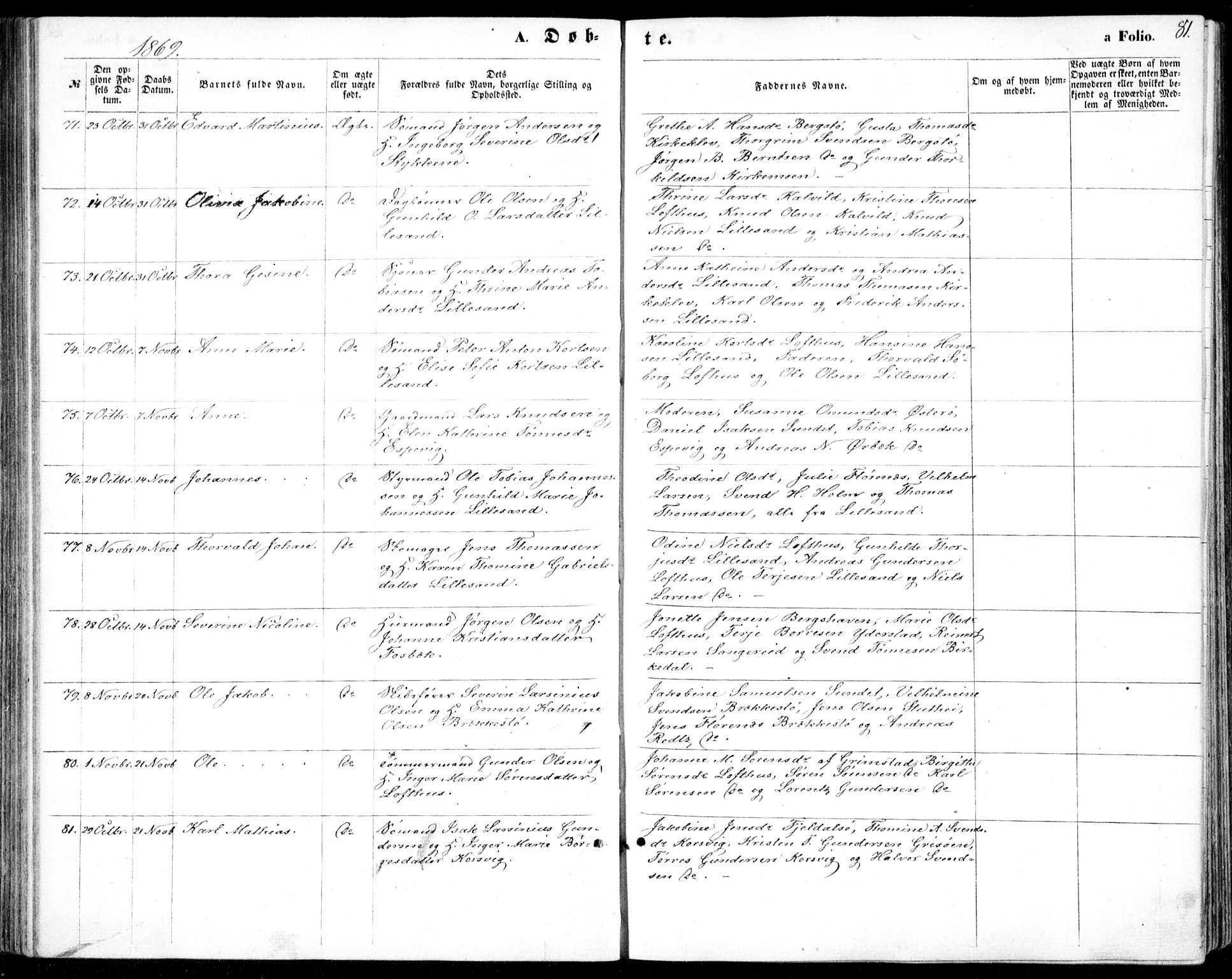 Vestre Moland sokneprestkontor, AV/SAK-1111-0046/F/Fb/Fbb/L0004: Parish register (copy) no. B 4, 1861-1872, p. 81