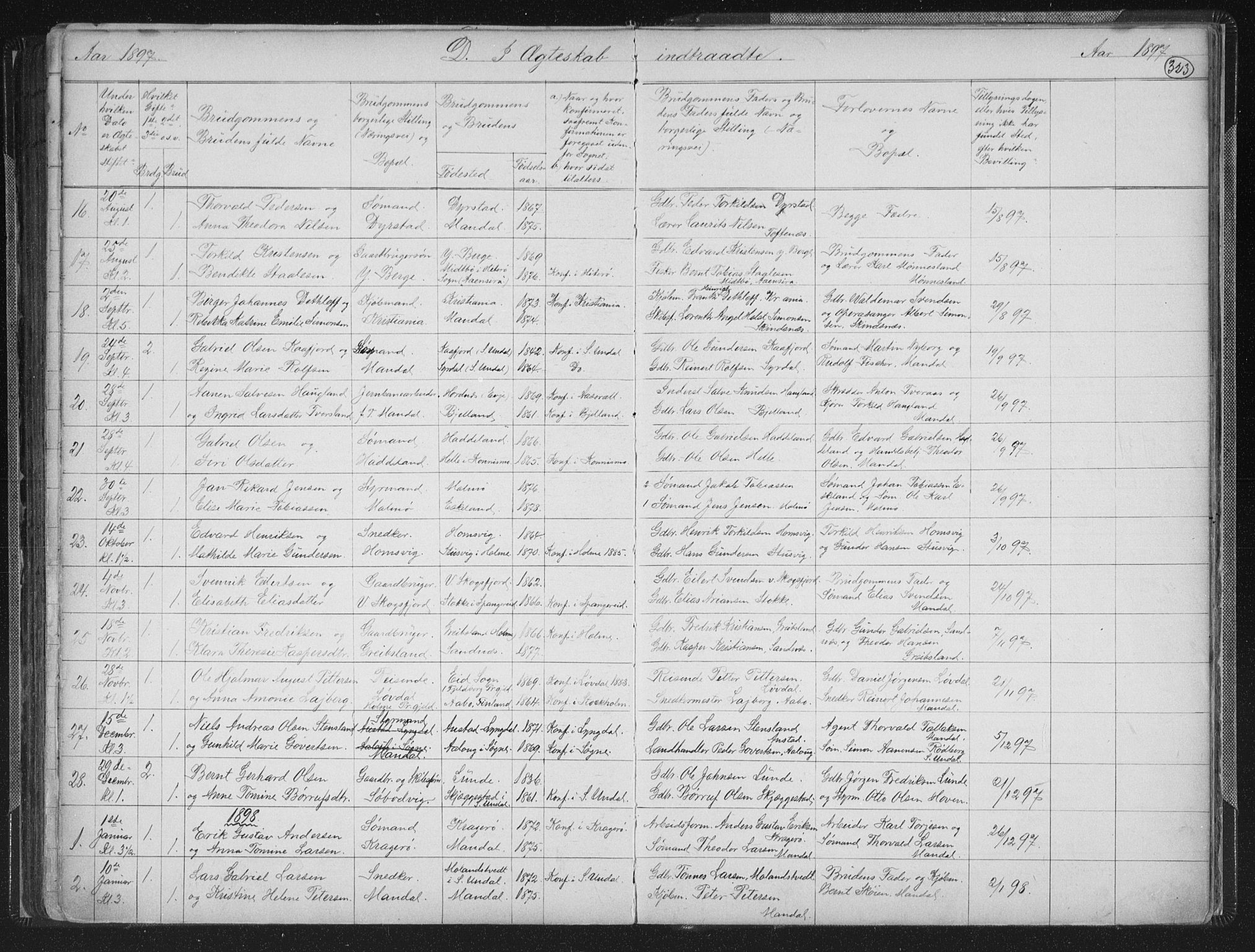 Mandal sokneprestkontor, SAK/1111-0030/F/Fb/Fba/L0011: Parish register (copy) no. B 5, 1880-1898, p. 323