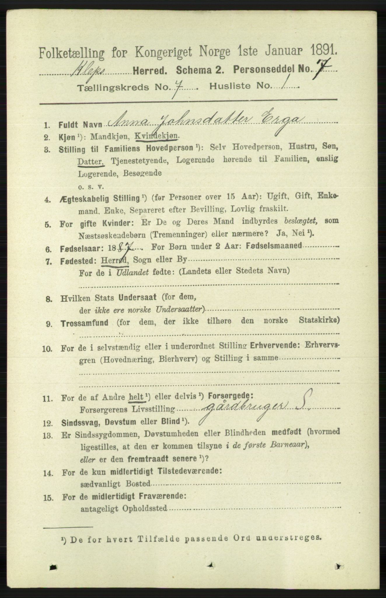 RA, 1891 census for 1120 Klepp, 1891, p. 2115