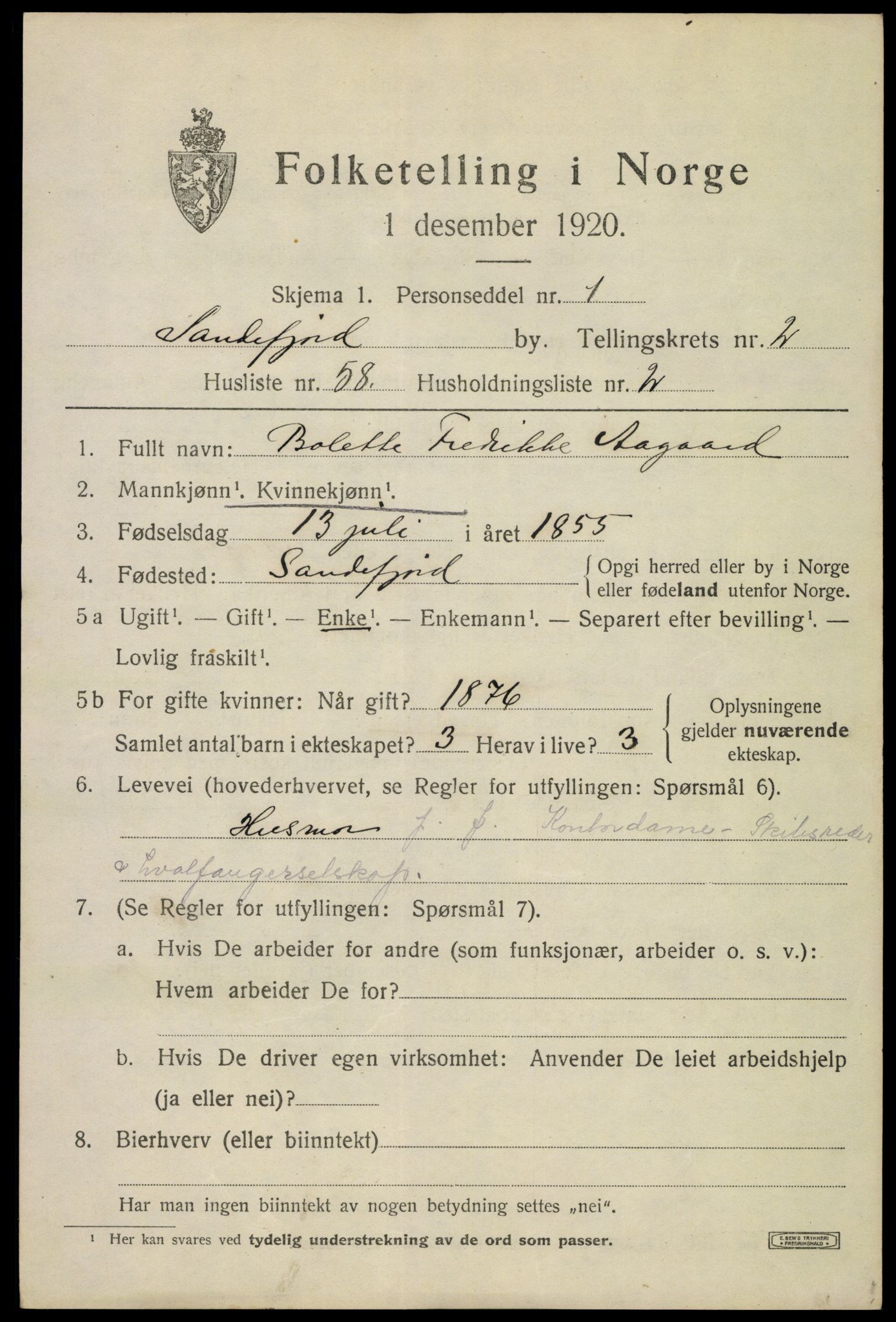 SAKO, 1920 census for Sandefjord, 1920, p. 6550