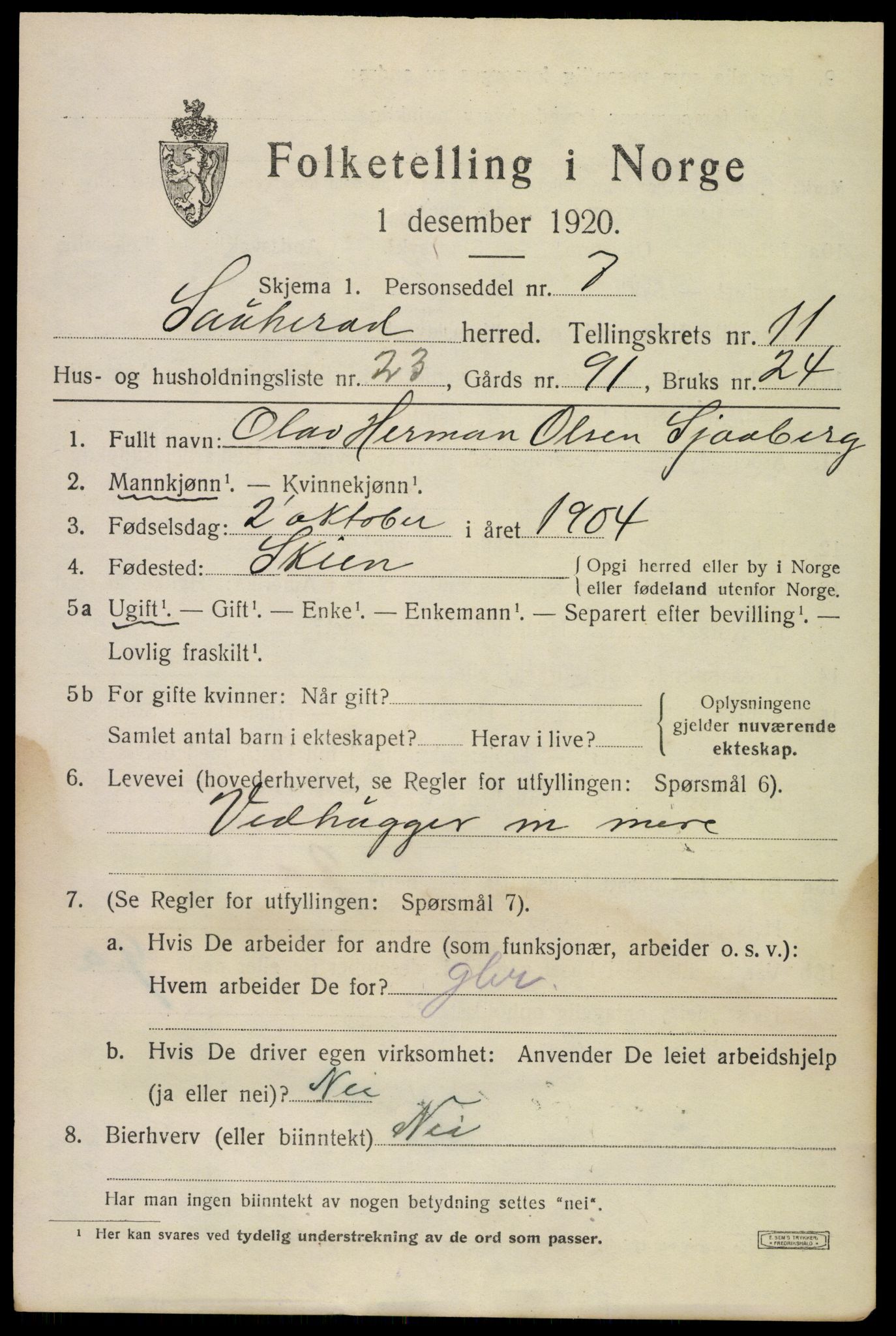 SAKO, 1920 census for Sauherad, 1920, p. 8296