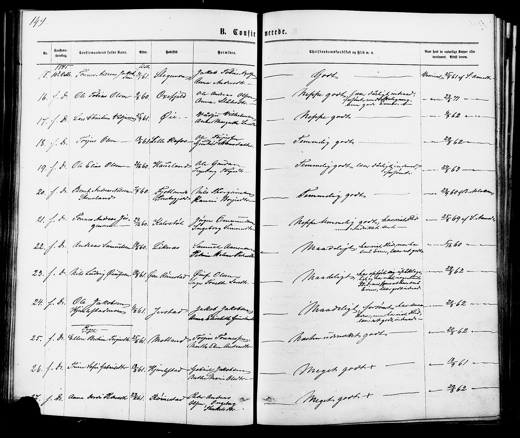Kvinesdal sokneprestkontor, SAK/1111-0026/F/Fa/Fab/L0007: Parish register (official) no. A 7, 1870-1885, p. 149