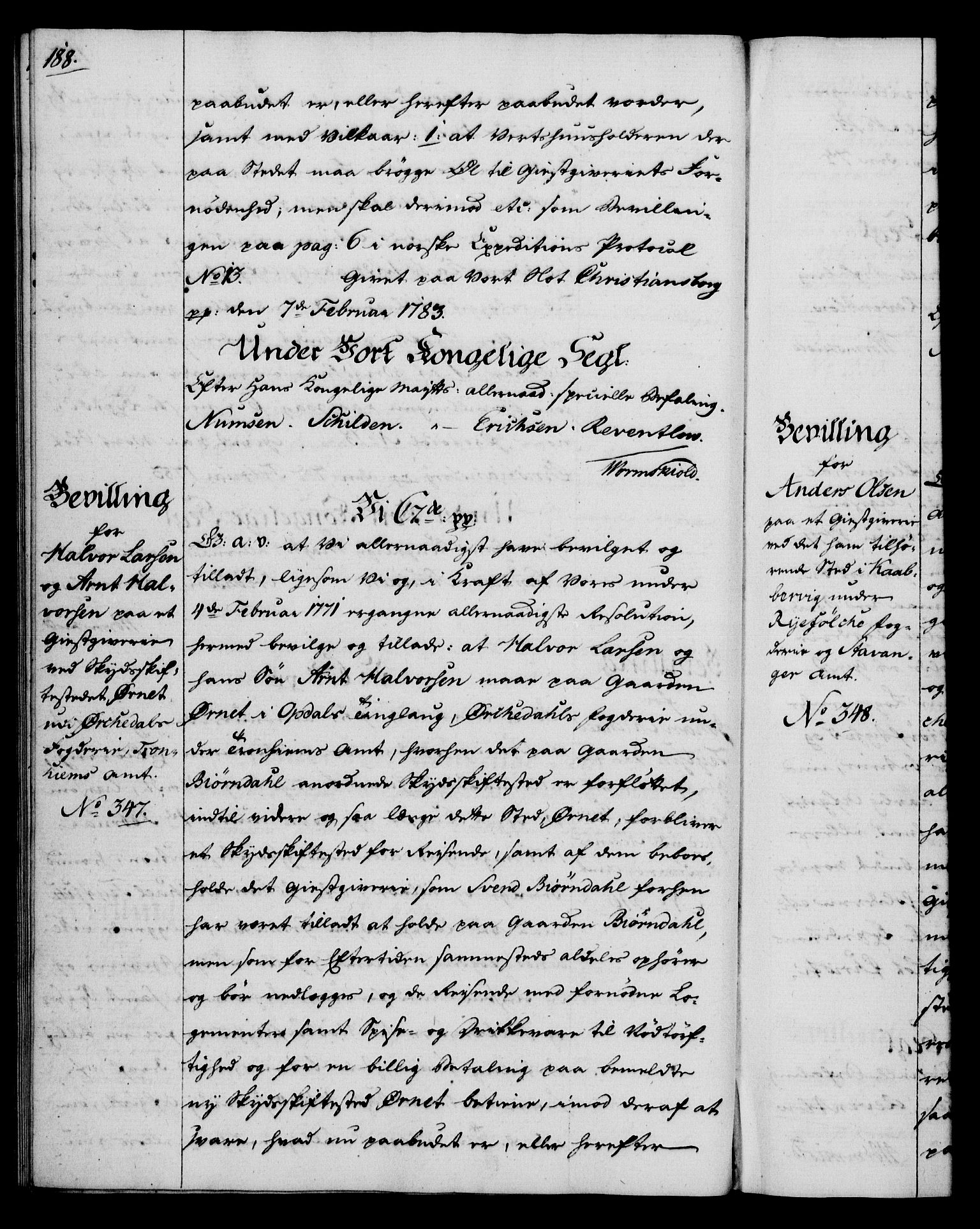 Rentekammeret, Kammerkanselliet, RA/EA-3111/G/Gg/Gga/L0012: Norsk ekspedisjonsprotokoll med register (merket RK 53.12), 1781-1783, p. 188