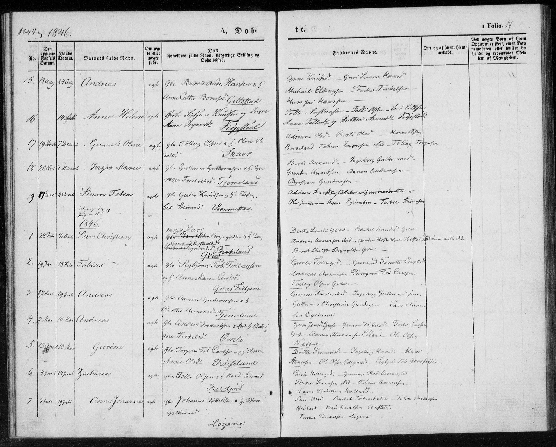 Lyngdal sokneprestkontor, AV/SAK-1111-0029/F/Fa/Fab/L0001: Parish register (official) no. A 1, 1838-1860, p. 17