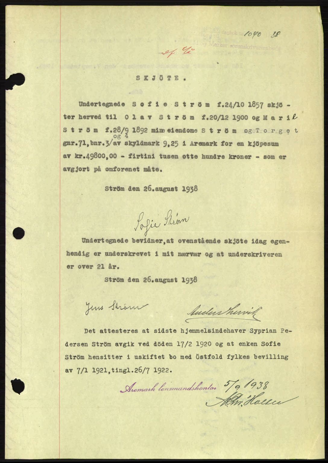 Idd og Marker sorenskriveri, AV/SAO-A-10283/G/Gb/Gbb/L0002: Mortgage book no. A2, 1937-1938, Diary no: : 1040/1938