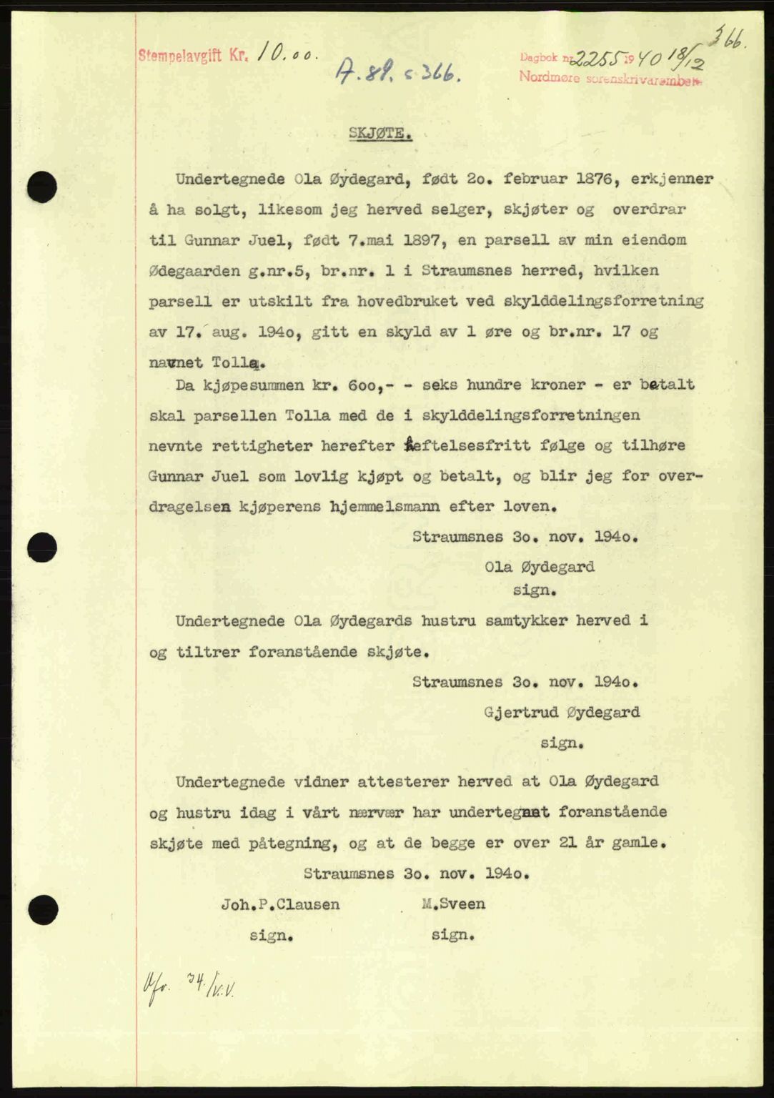 Nordmøre sorenskriveri, SAT/A-4132/1/2/2Ca: Mortgage book no. A89, 1940-1941, Diary no: : 2255/1940