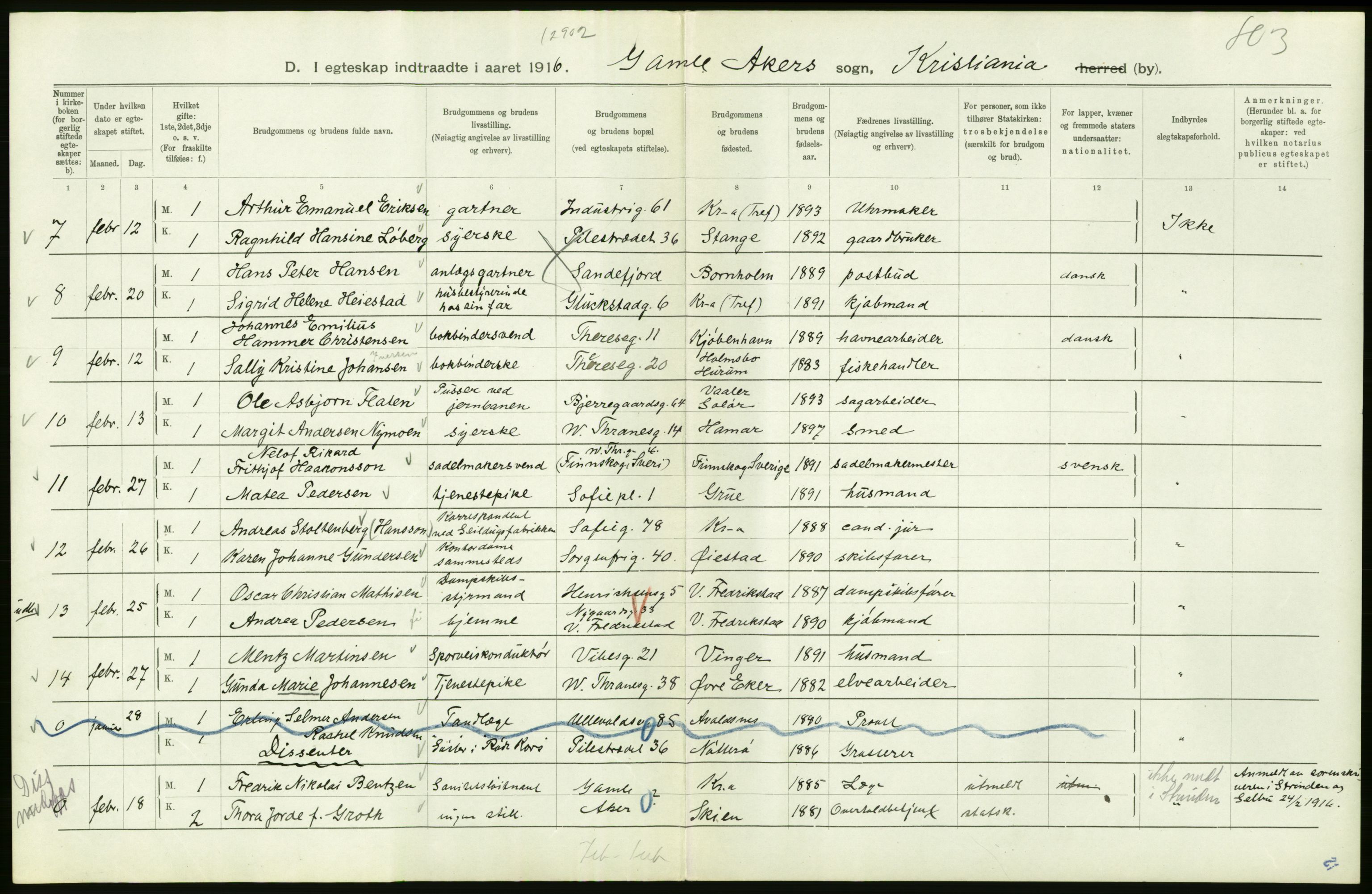 Statistisk sentralbyrå, Sosiodemografiske emner, Befolkning, AV/RA-S-2228/D/Df/Dfb/Dfbf/L0008: Kristiania: Gifte, 1916, p. 132