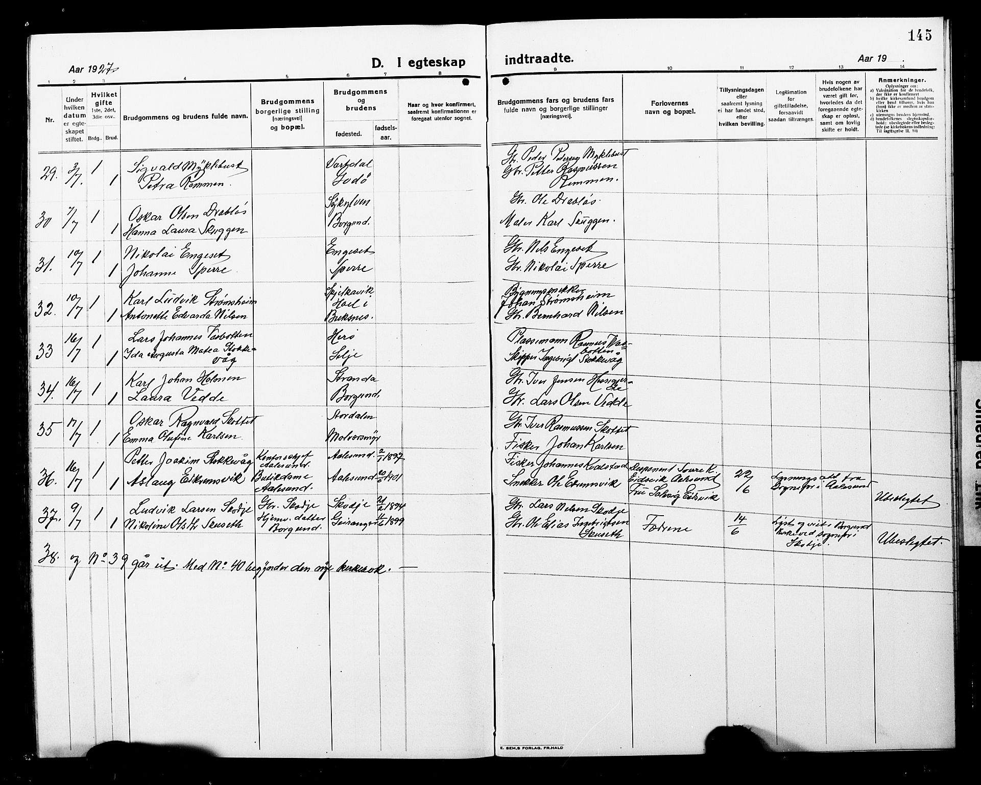 Ministerialprotokoller, klokkerbøker og fødselsregistre - Møre og Romsdal, AV/SAT-A-1454/528/L0434: Parish register (copy) no. 528C15, 1919-1927, p. 145