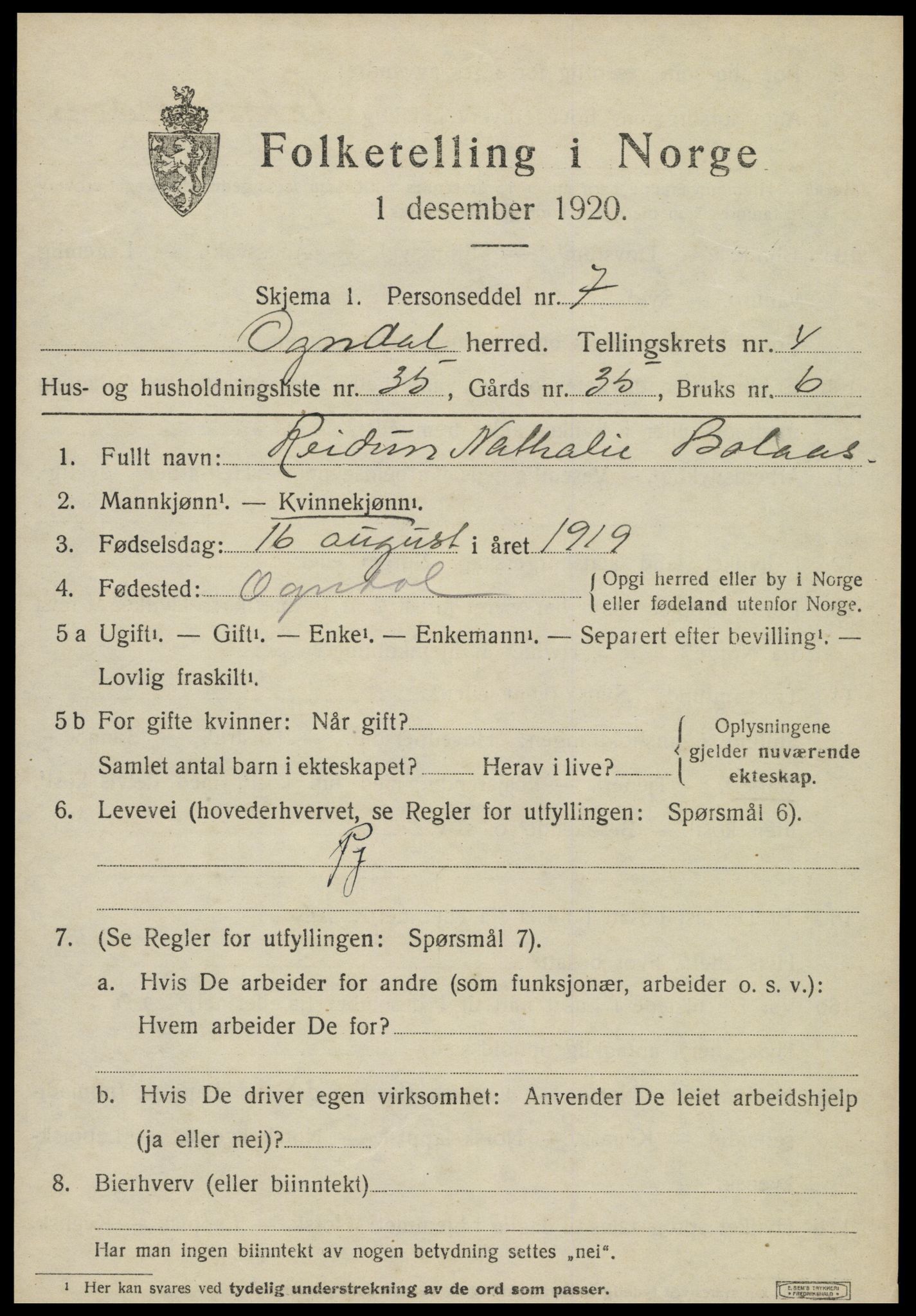 SAT, 1920 census for Ogndal, 1920, p. 1793