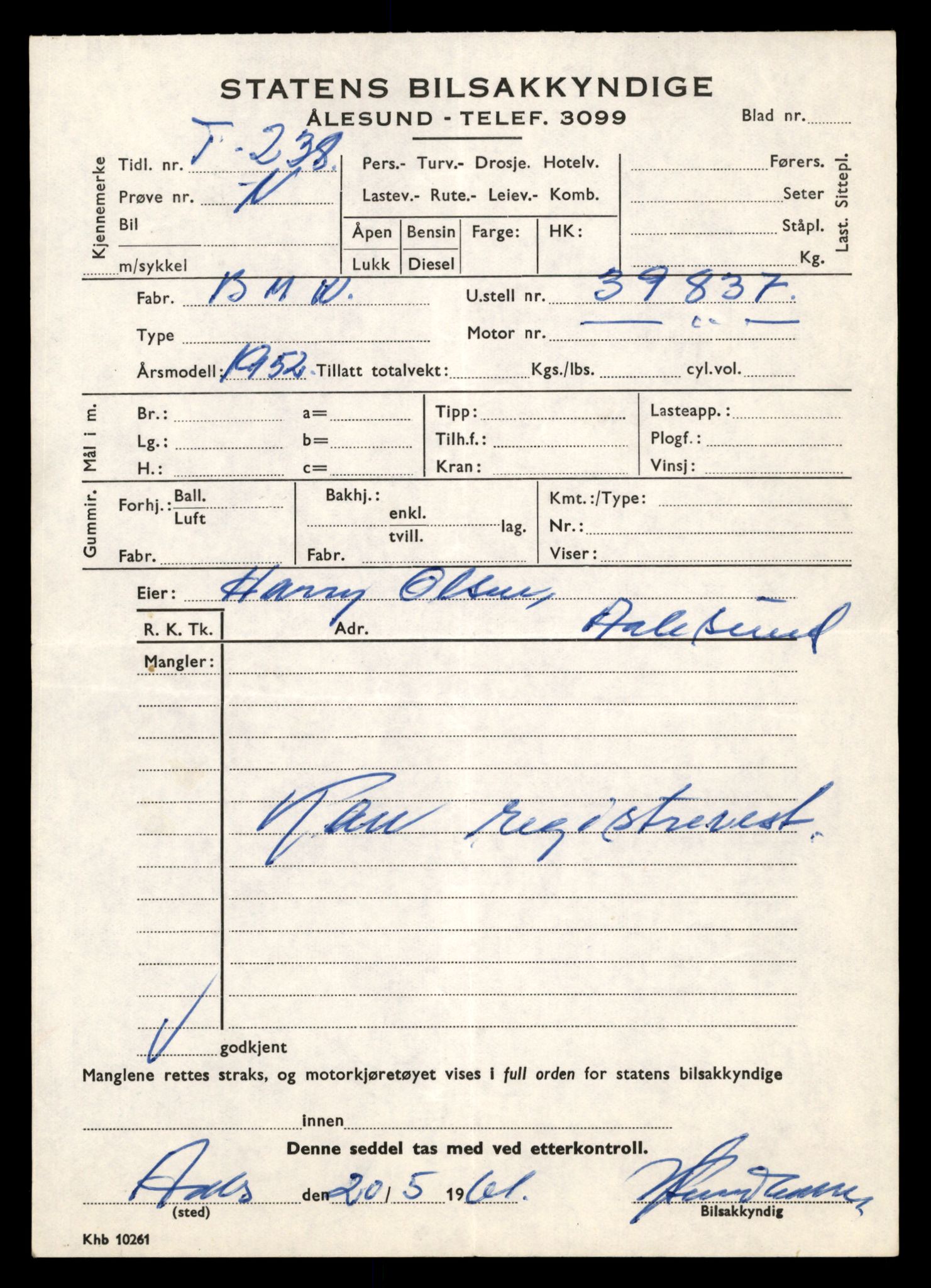 Møre og Romsdal vegkontor - Ålesund trafikkstasjon, AV/SAT-A-4099/F/Fe/L0003: Registreringskort for kjøretøy T 232 - T 340, 1927-1998, p. 155