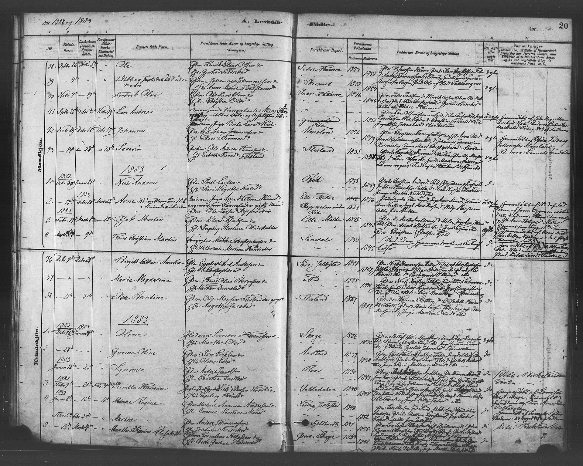 Fana Sokneprestembete, SAB/A-75101/H/Haa/Haab/L0001: Parish register (official) no. B 1, 1878-1889, p. 20
