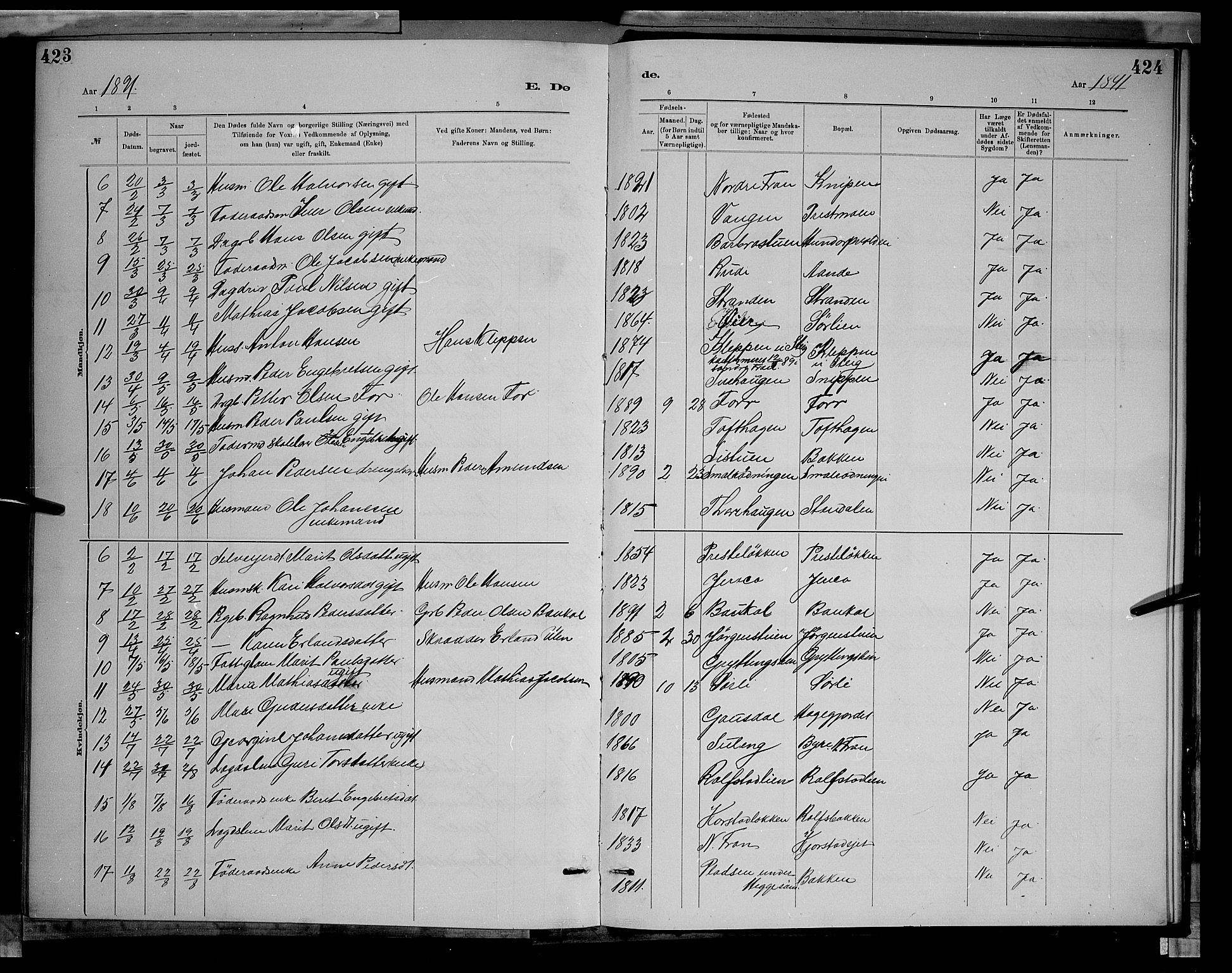 Sør-Fron prestekontor, SAH/PREST-010/H/Ha/Hab/L0003: Parish register (copy) no. 3, 1884-1896, p. 423-424