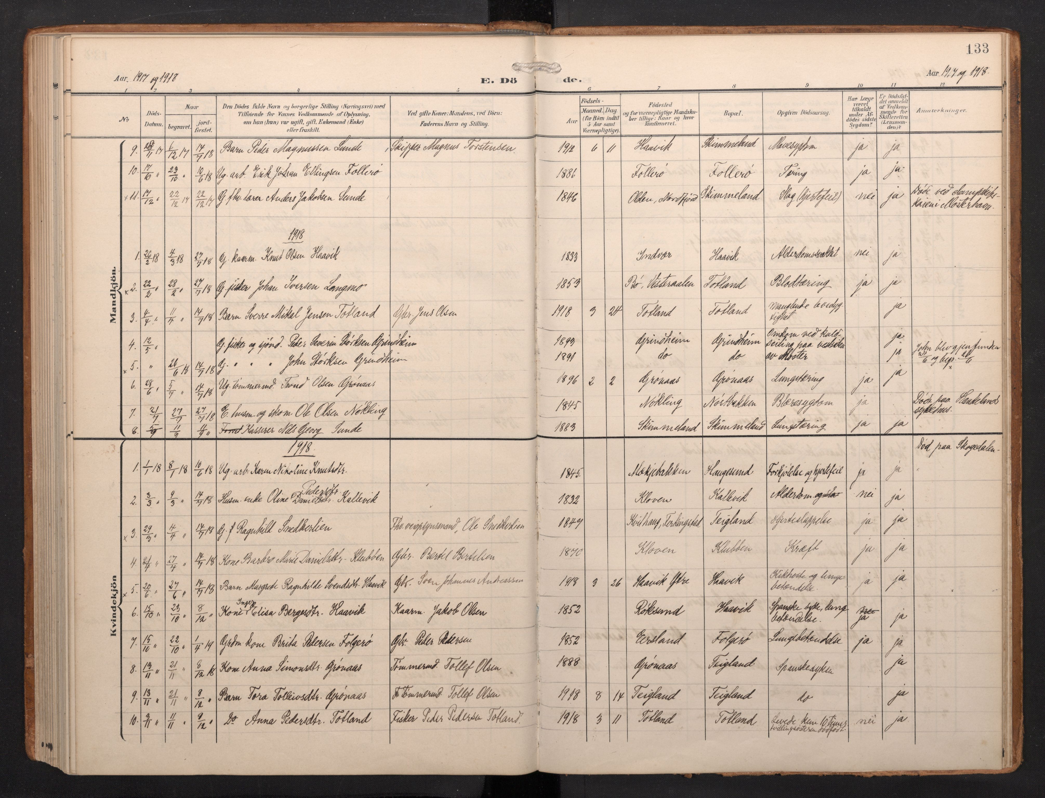 Finnås sokneprestembete, AV/SAB-A-99925/H/Ha/Haa/Haab/L0003: Parish register (official) no. B 3, 1907-1923, p. 133