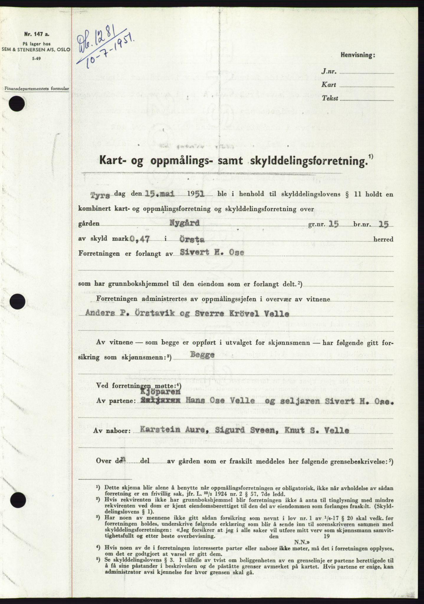 Søre Sunnmøre sorenskriveri, AV/SAT-A-4122/1/2/2C/L0089: Mortgage book no. 15A, 1951-1951, Diary no: : 1281/1951