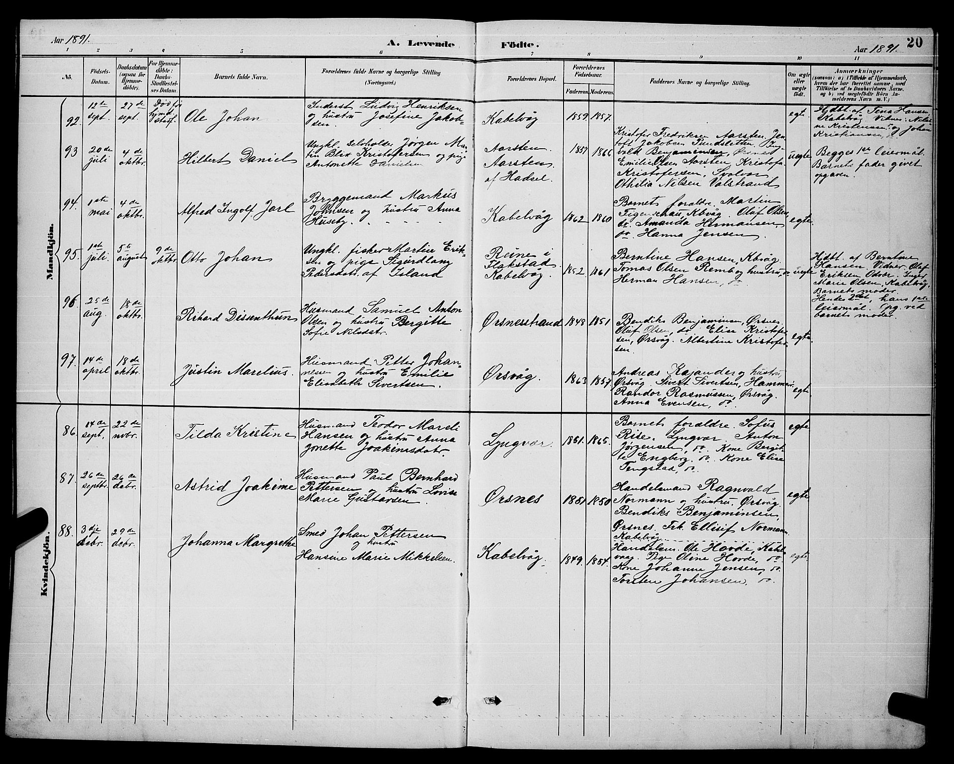 Ministerialprotokoller, klokkerbøker og fødselsregistre - Nordland, AV/SAT-A-1459/874/L1077: Parish register (copy) no. 874C06, 1891-1900, p. 20