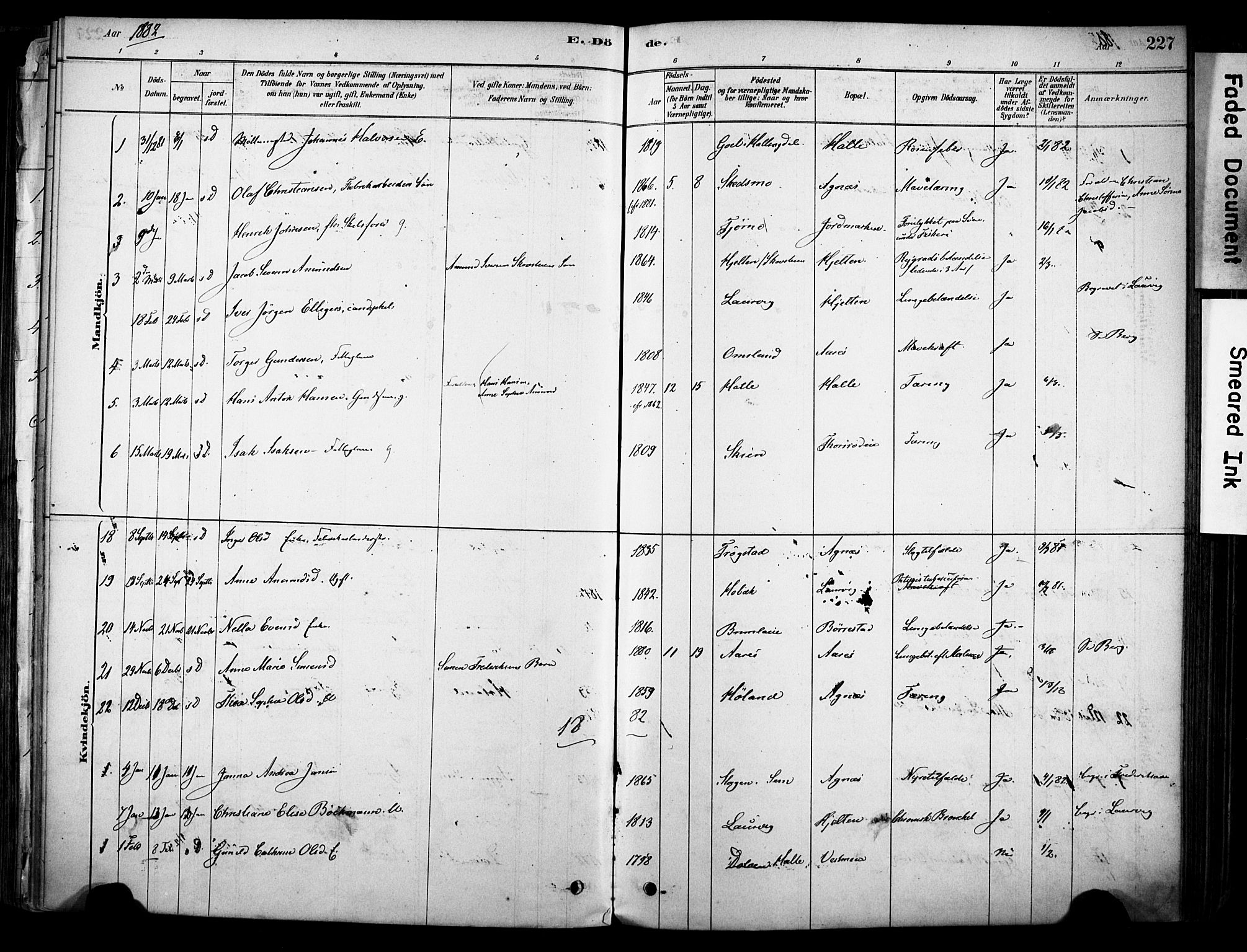 Brunlanes kirkebøker, AV/SAKO-A-342/F/Fc/L0001: Parish register (official) no. III 1, 1878-1899, p. 227