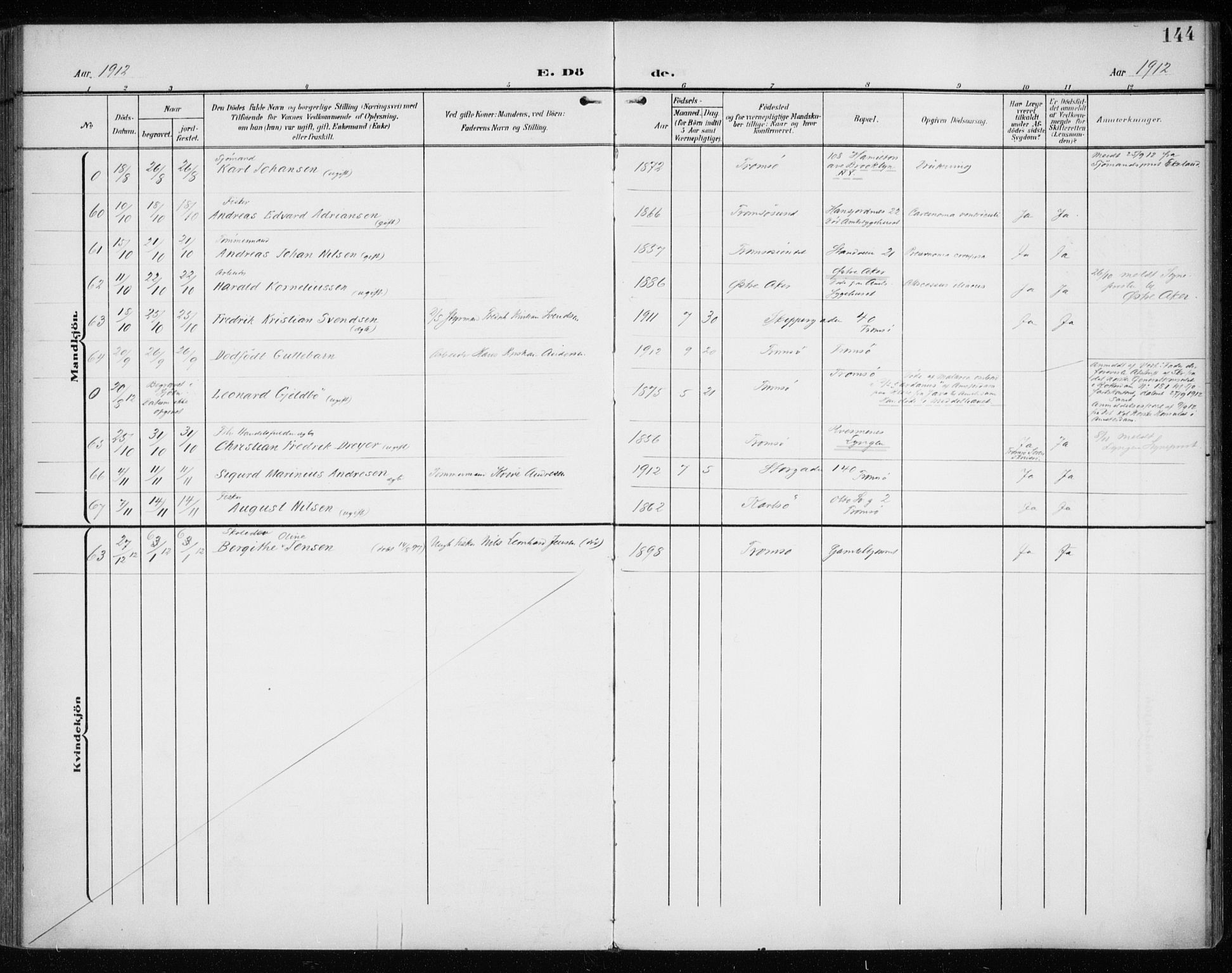 Tromsø sokneprestkontor/stiftsprosti/domprosti, AV/SATØ-S-1343/G/Ga/L0018kirke: Parish register (official) no. 18, 1907-1917, p. 144