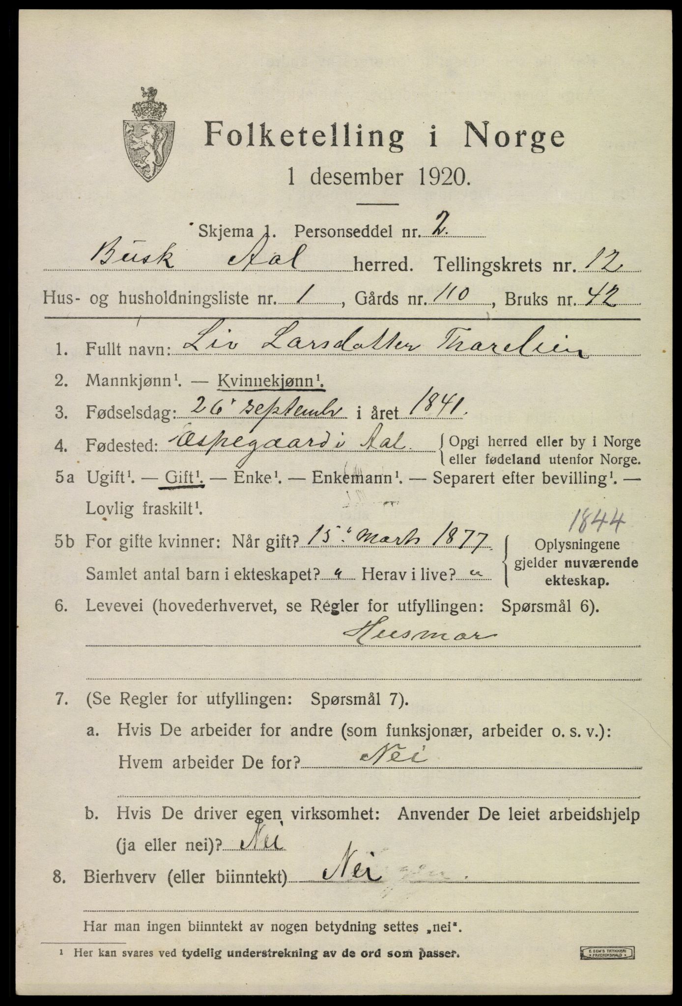 SAKO, 1920 census for Ål, 1920, p. 6582