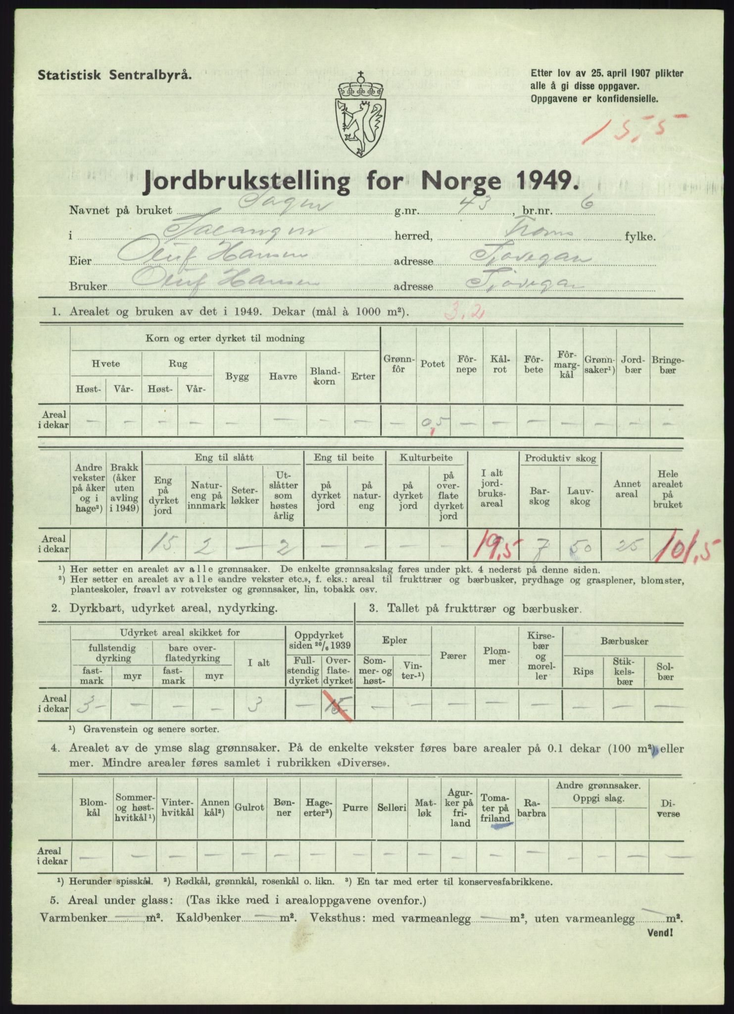 Statistisk sentralbyrå, Næringsøkonomiske emner, Jordbruk, skogbruk, jakt, fiske og fangst, AV/RA-S-2234/G/Gc/L0438: Troms: Salangen og Bardu, 1949, p. 389