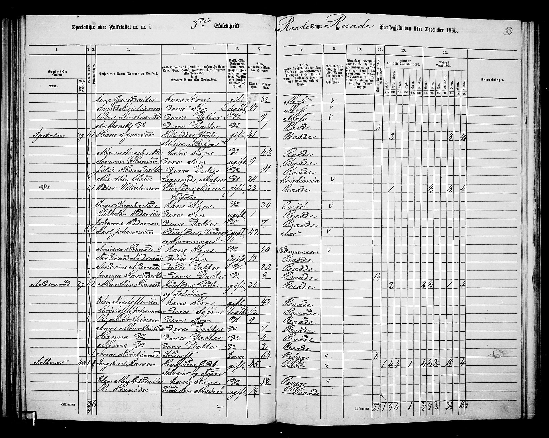 RA, 1865 census for Råde, 1865, p. 75