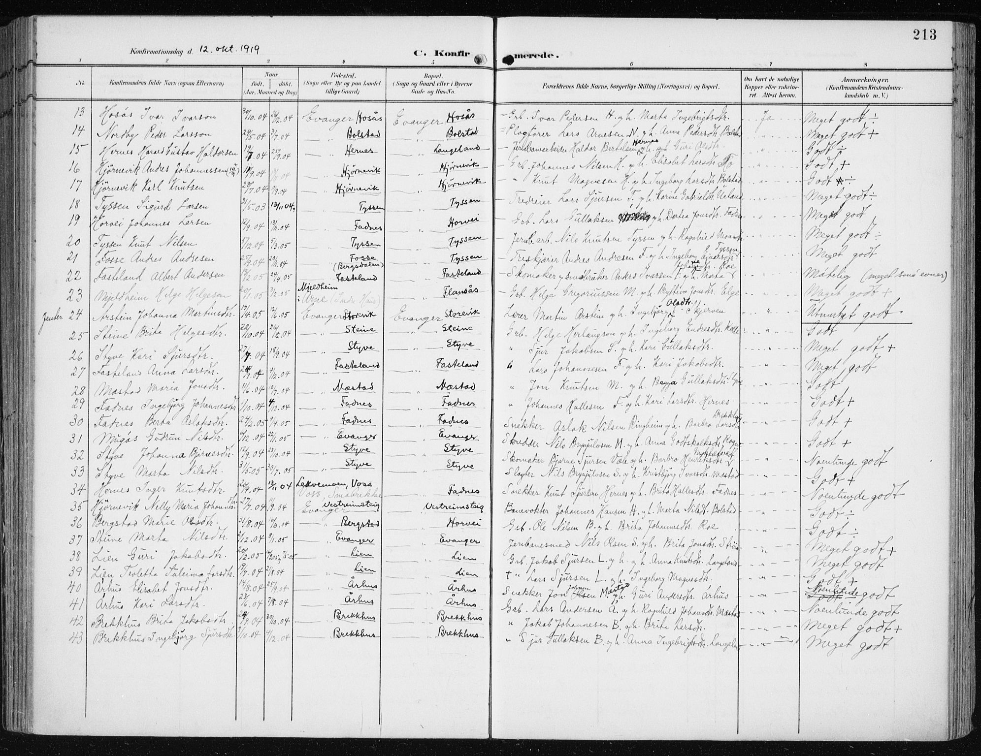 Evanger sokneprestembete, SAB/A-99924: Parish register (official) no. A  3, 1900-1930, p. 213