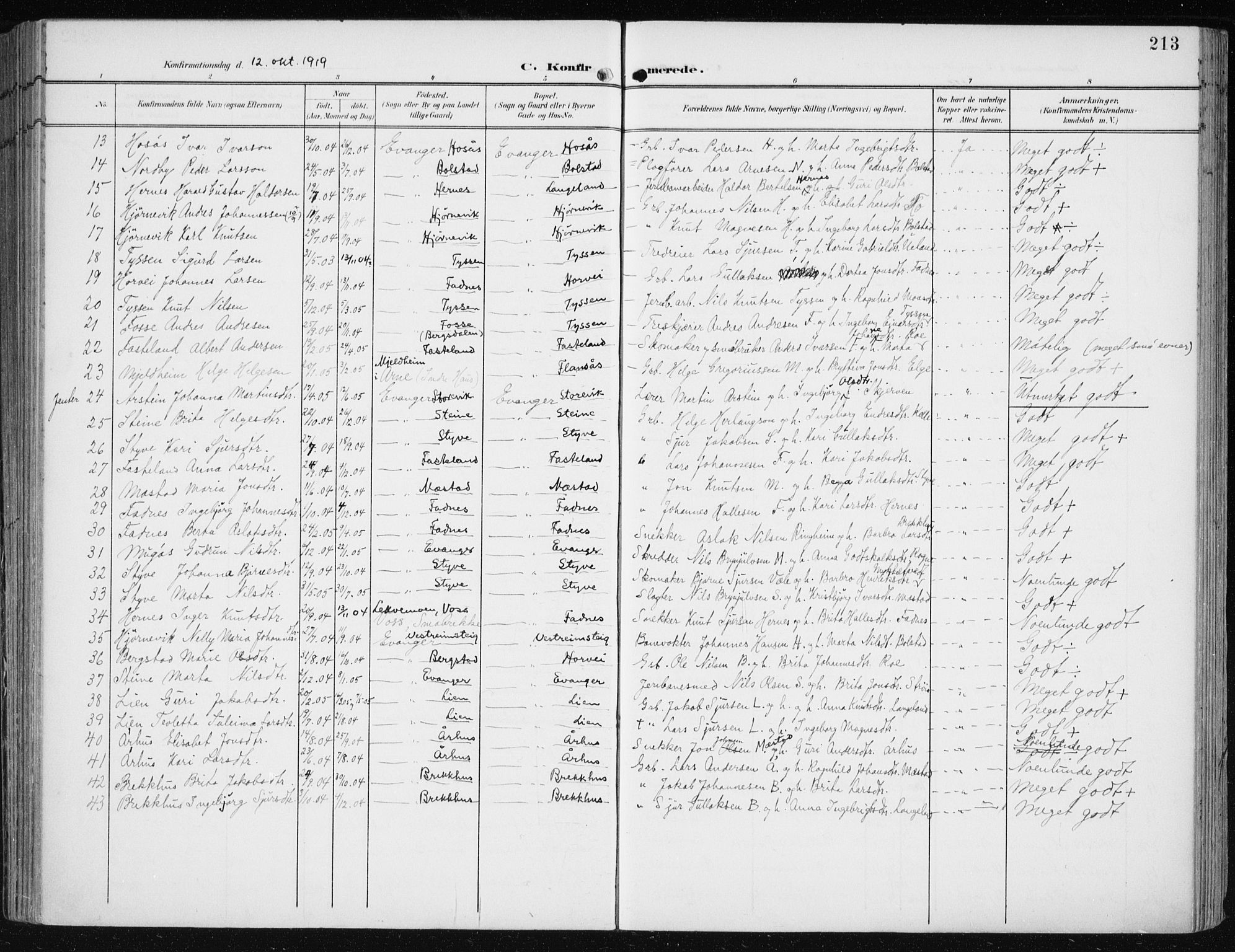 Evanger sokneprestembete, AV/SAB-A-99924: Parish register (official) no. A  3, 1900-1930, p. 213