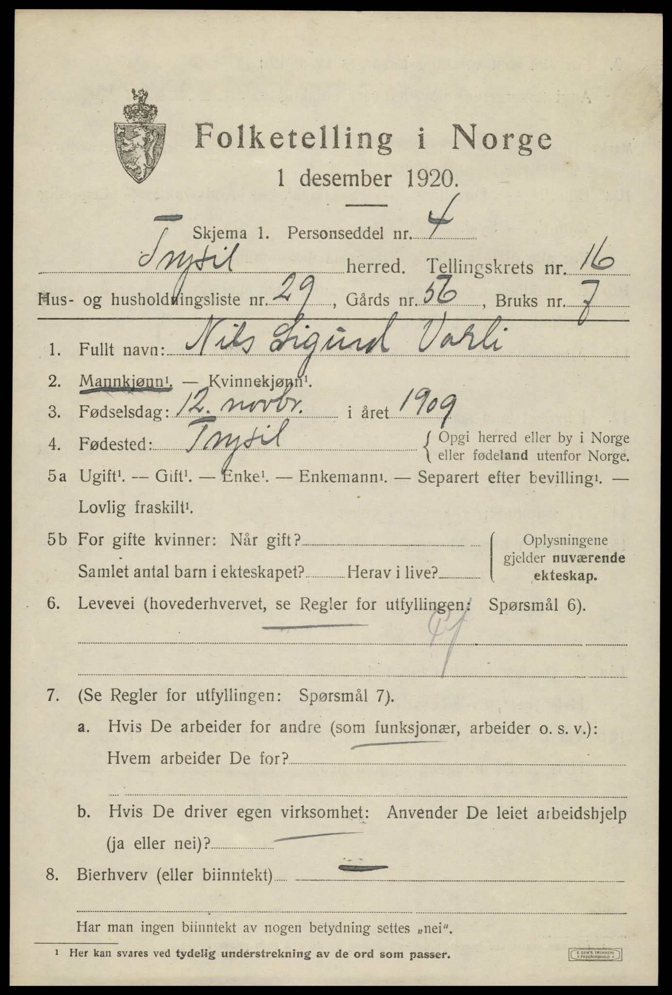 SAH, 1920 census for Trysil, 1920, p. 9763