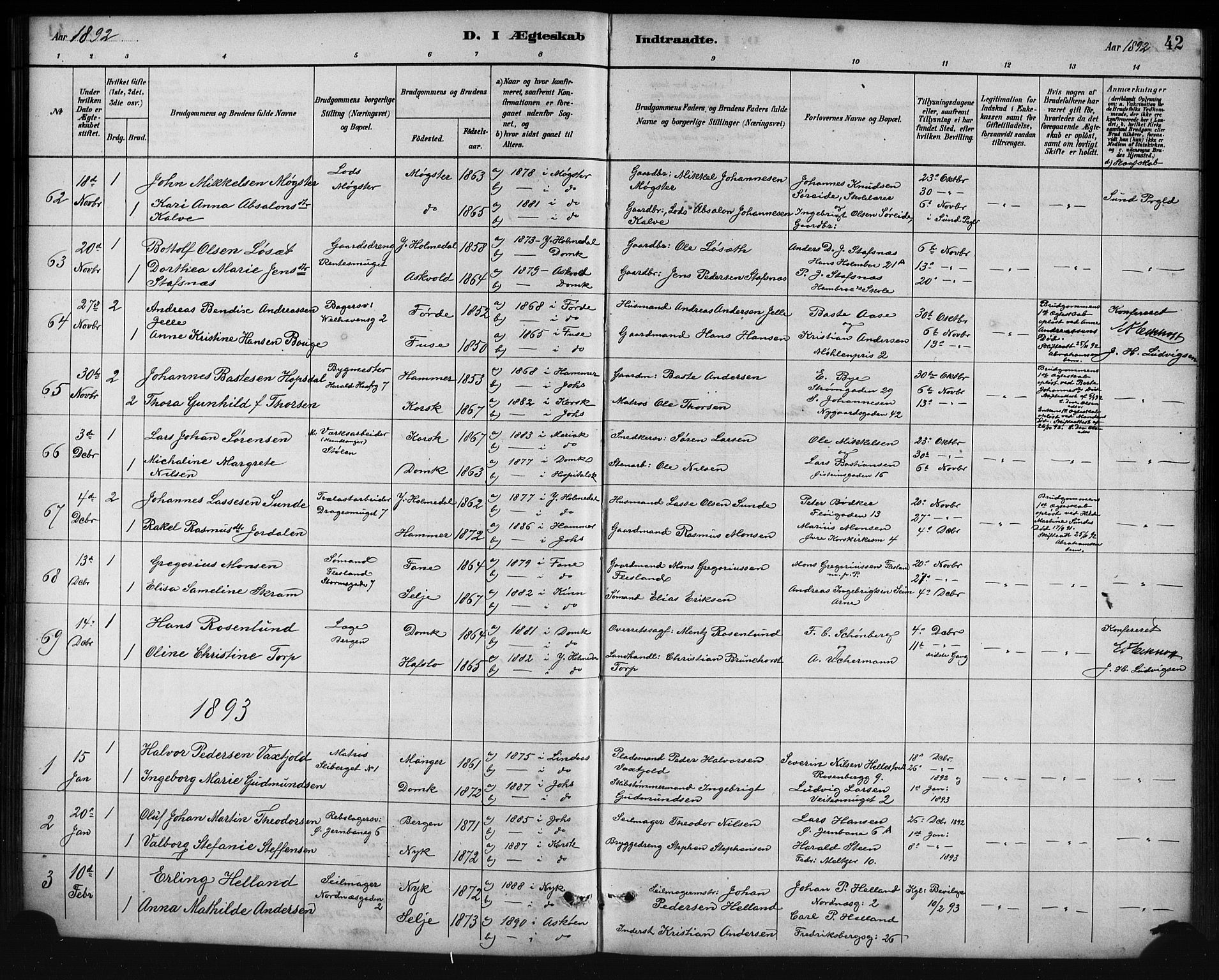 Johanneskirken sokneprestembete, SAB/A-76001/H/Hab: Parish register (copy) no. C 1, 1885-1912, p. 42