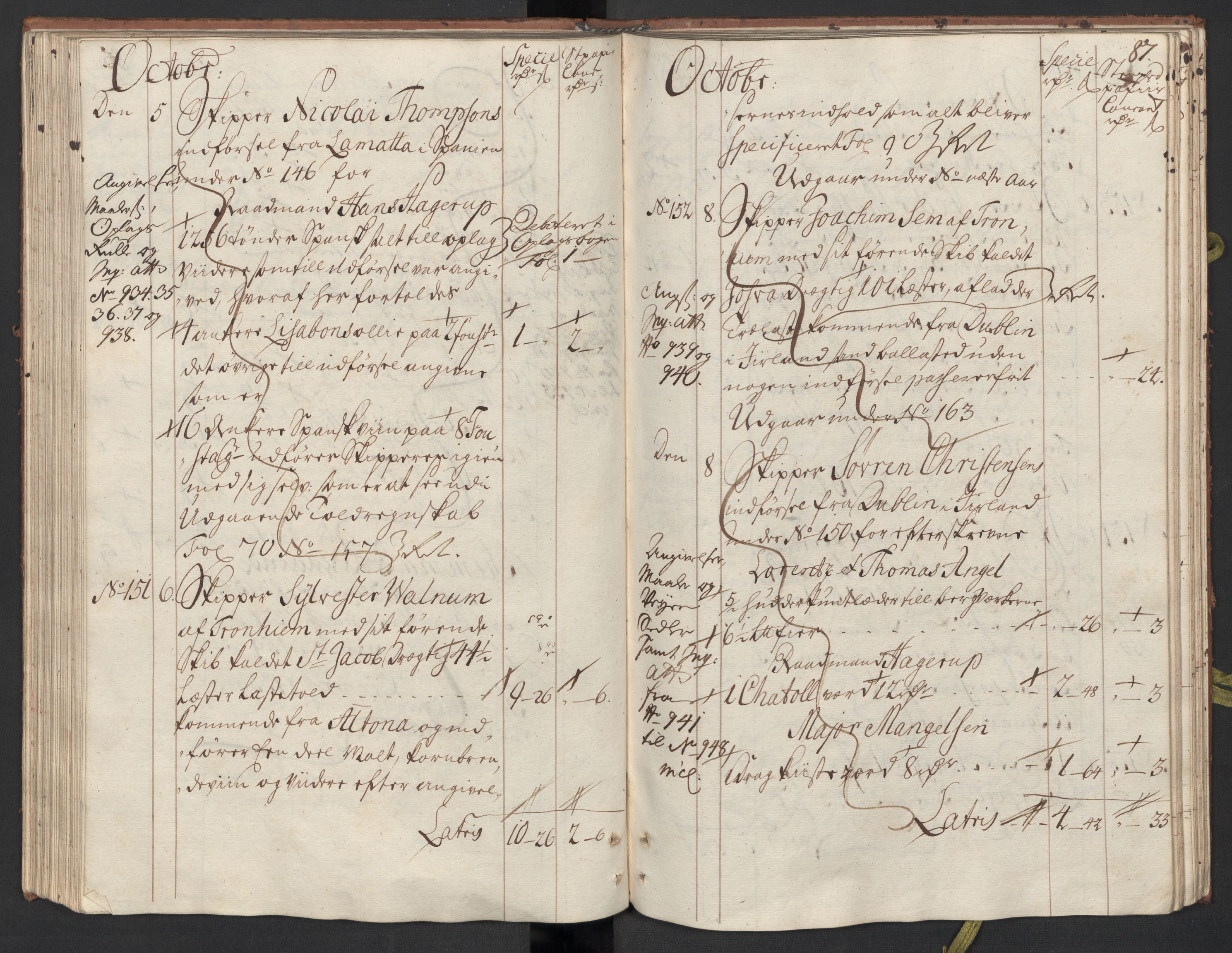 Generaltollkammeret, tollregnskaper, AV/RA-EA-5490/R33/L0015/0001: Tollregnskaper Trondheim A / Inngående tollbok, 1733, p. 86b-87a