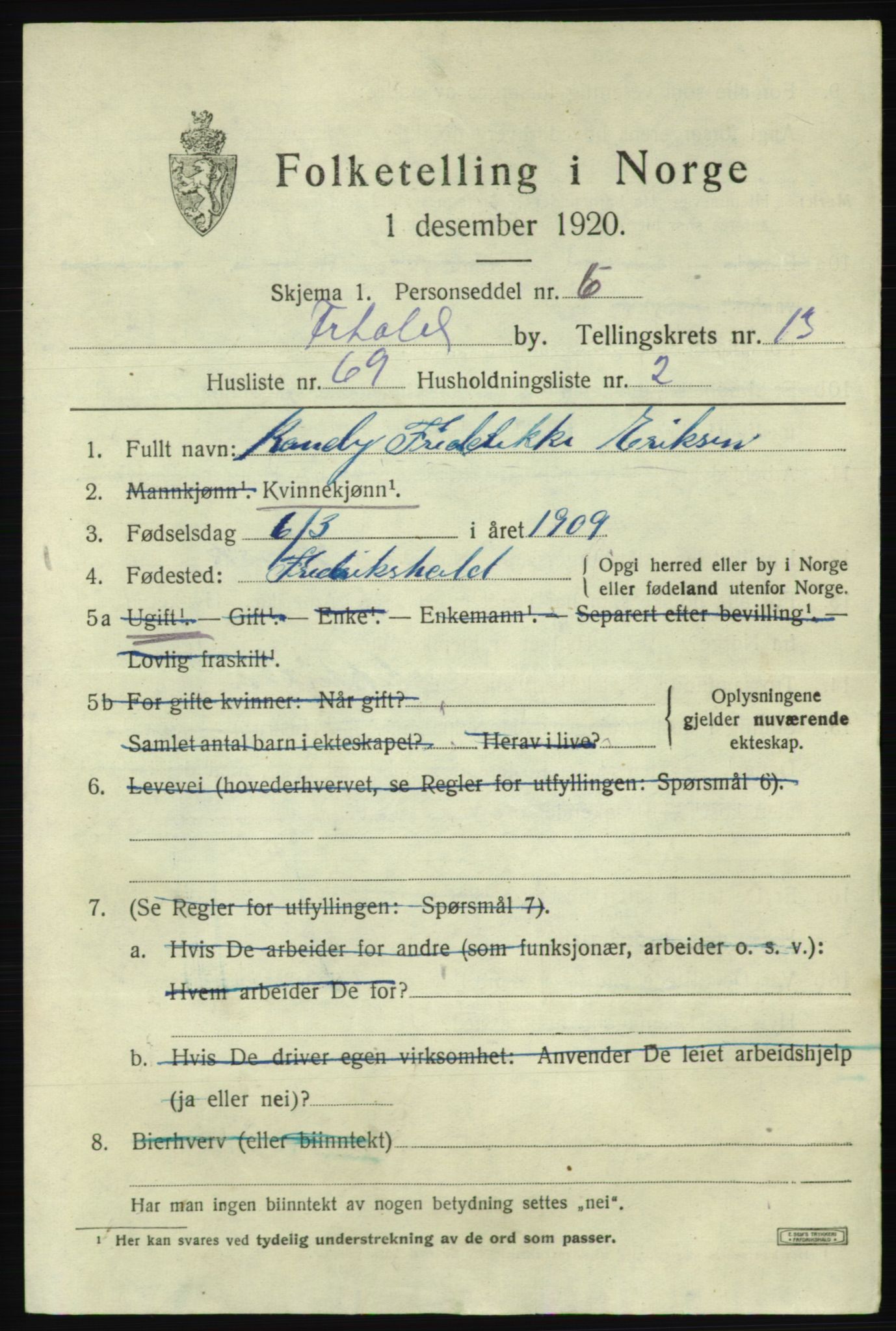 SAO, 1920 census for Fredrikshald, 1920, p. 22140