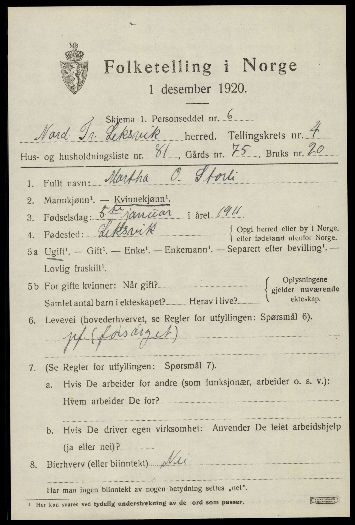 SAT, 1920 census for Leksvik, 1920, p. 4550