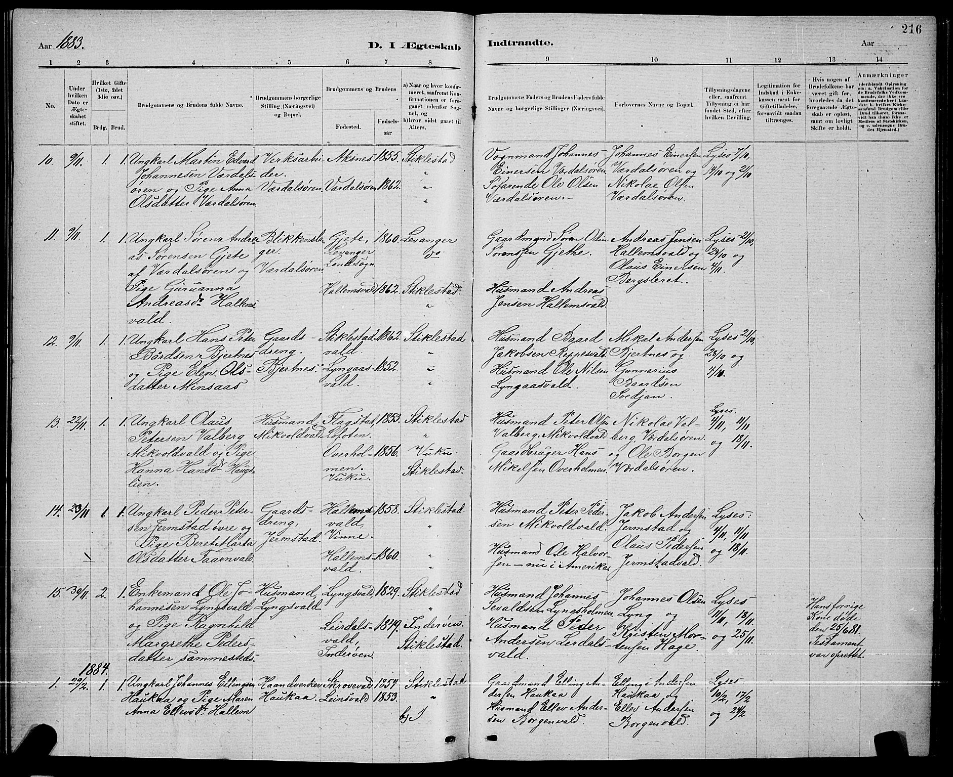 Ministerialprotokoller, klokkerbøker og fødselsregistre - Nord-Trøndelag, AV/SAT-A-1458/723/L0256: Parish register (copy) no. 723C04, 1879-1890, p. 216