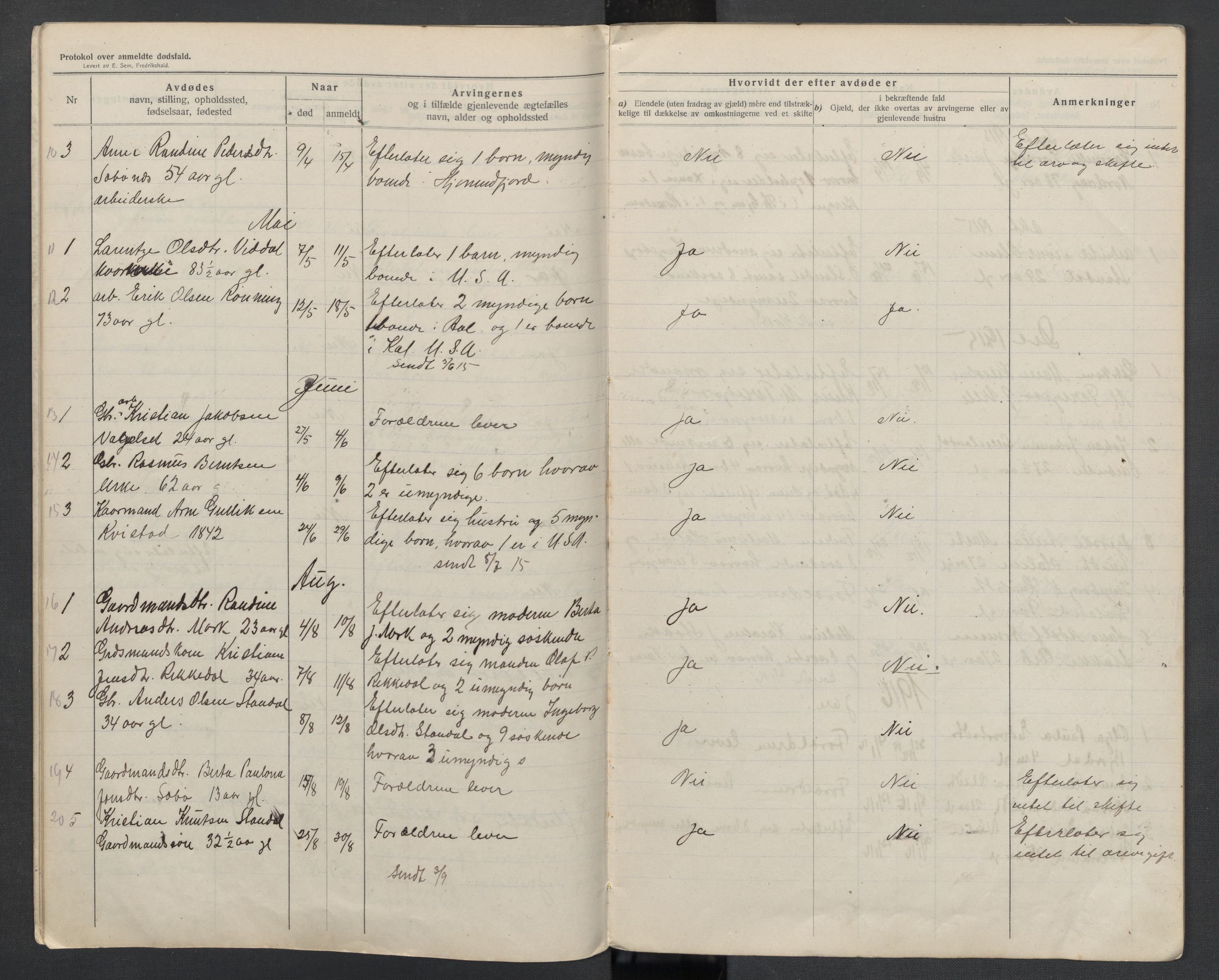 Hjørundfjord lensmannskontor, AV/SAT-A-5879/1/2/L0005: 2.2.02 - Dødsfallsprotokoll, 1913-1923