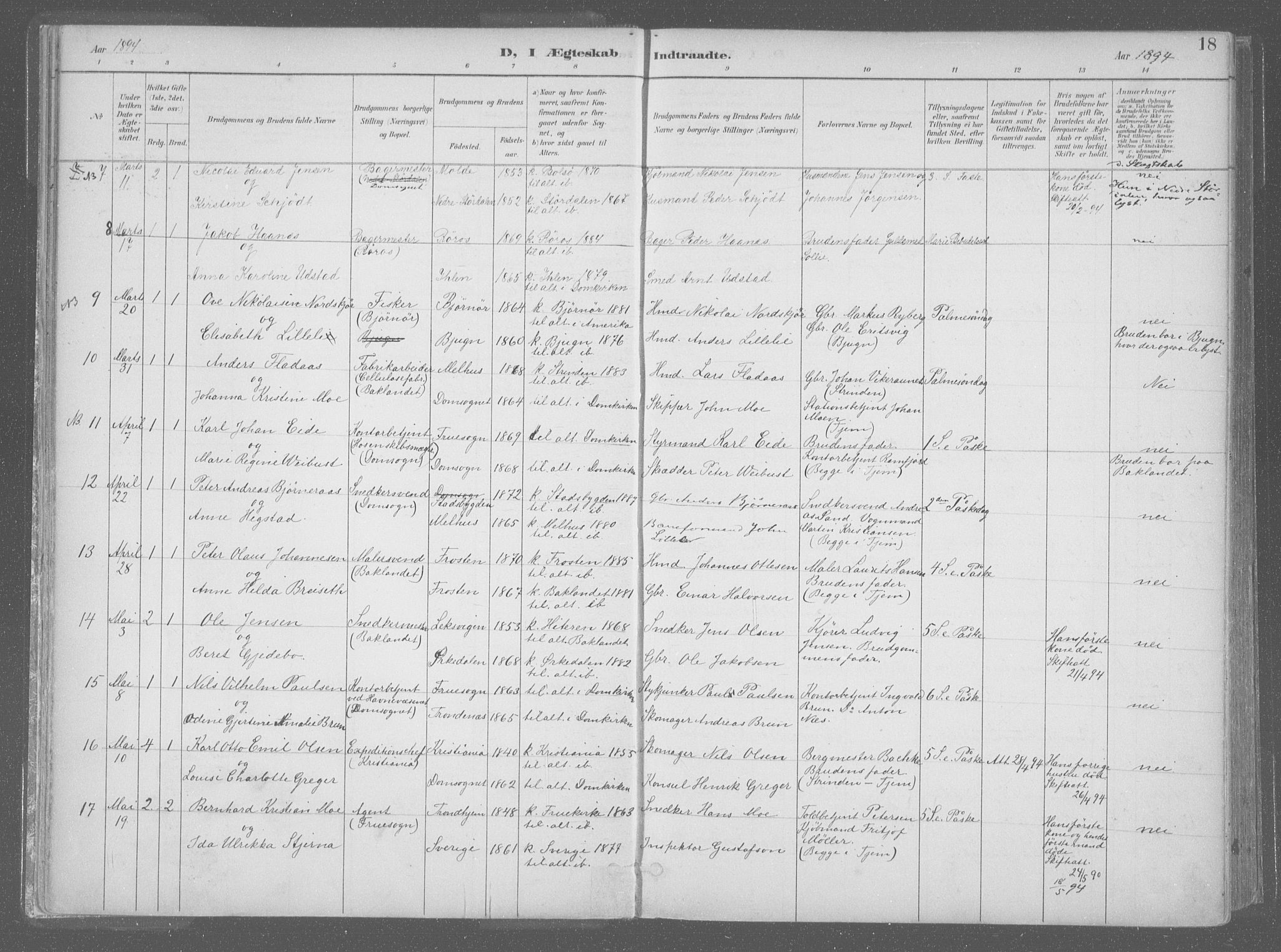 Ministerialprotokoller, klokkerbøker og fødselsregistre - Sør-Trøndelag, SAT/A-1456/601/L0064: Parish register (official) no. 601A31, 1891-1911, p. 18