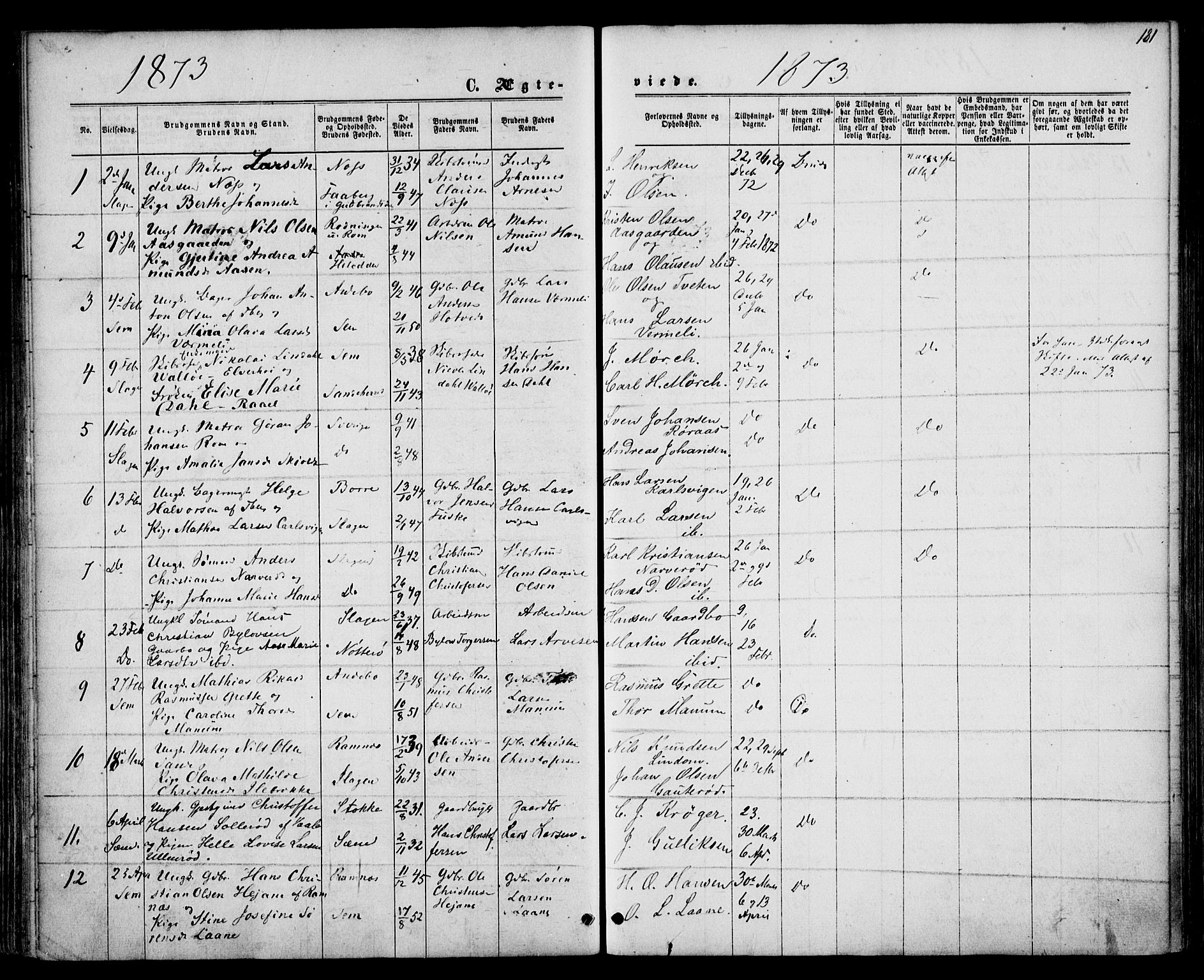 Sem kirkebøker, AV/SAKO-A-5/F/Fa/L0008: Parish register (official) no. I 8, 1866-1873, p. 181